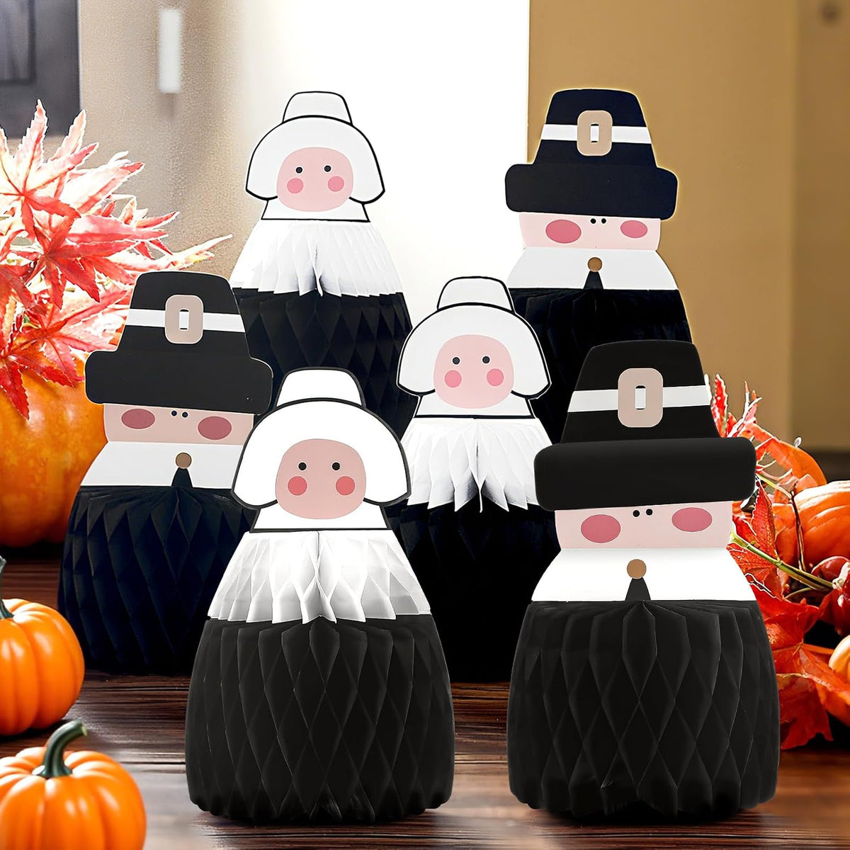 Fourluoo 6 Pcs Fall Pilgrim Honeycomb Centerpiece, Thanksgiving Table Decor