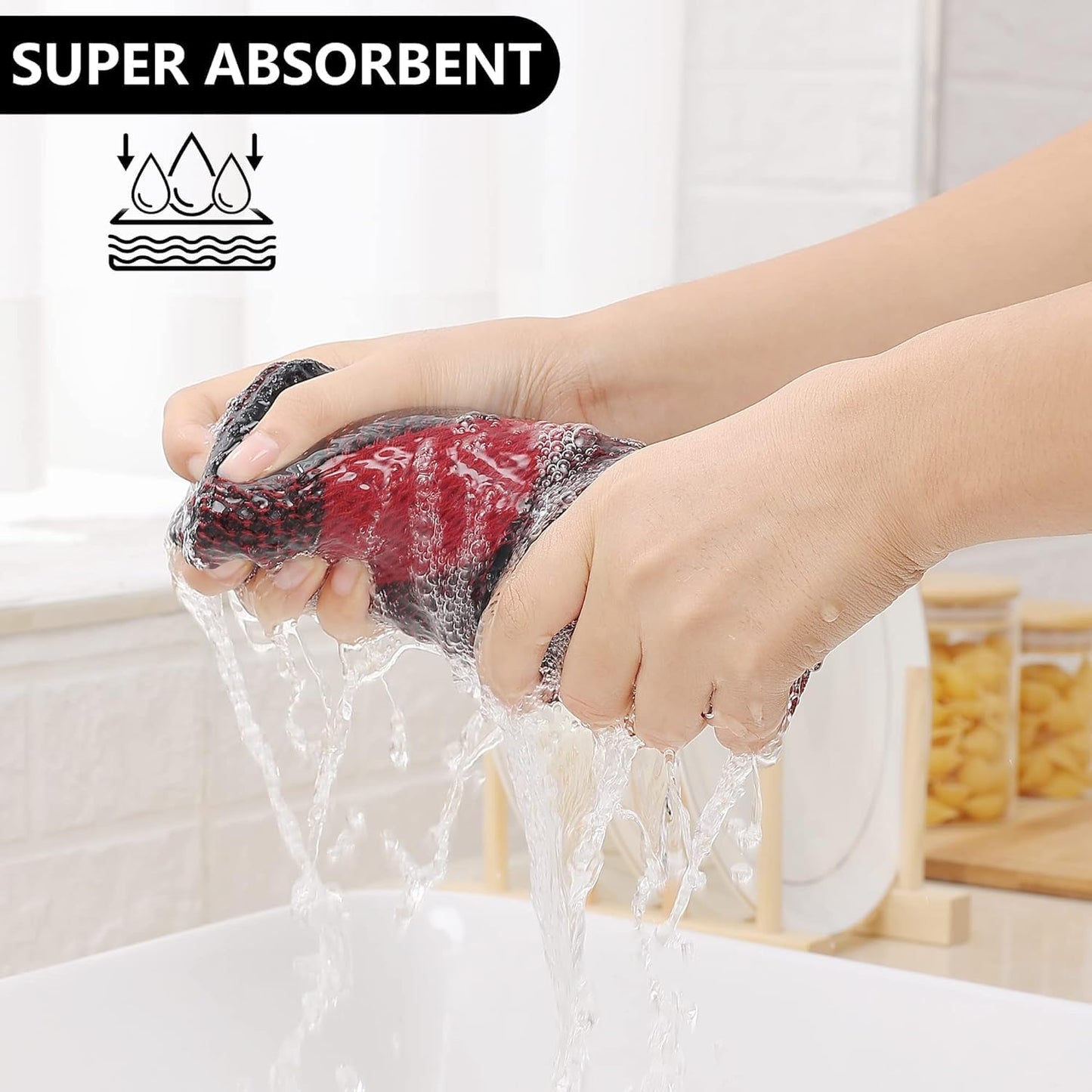 Homaxy Kitchen Towels and Dishcloths Set, Set of 12, Black & Red | Bulk Cotton Waffle Weave Check Plaid Kitchen Towels