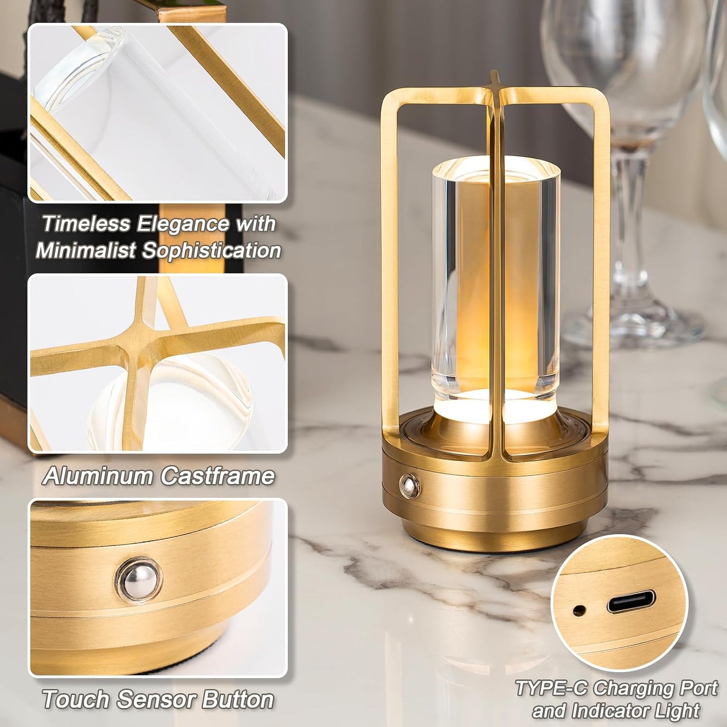 Cordless Table Lamp Rechargeable Small Crystal Lamp, Gold | Stepless Dimming 3 Color Nightstand Bedside Lamp, Metal LED
