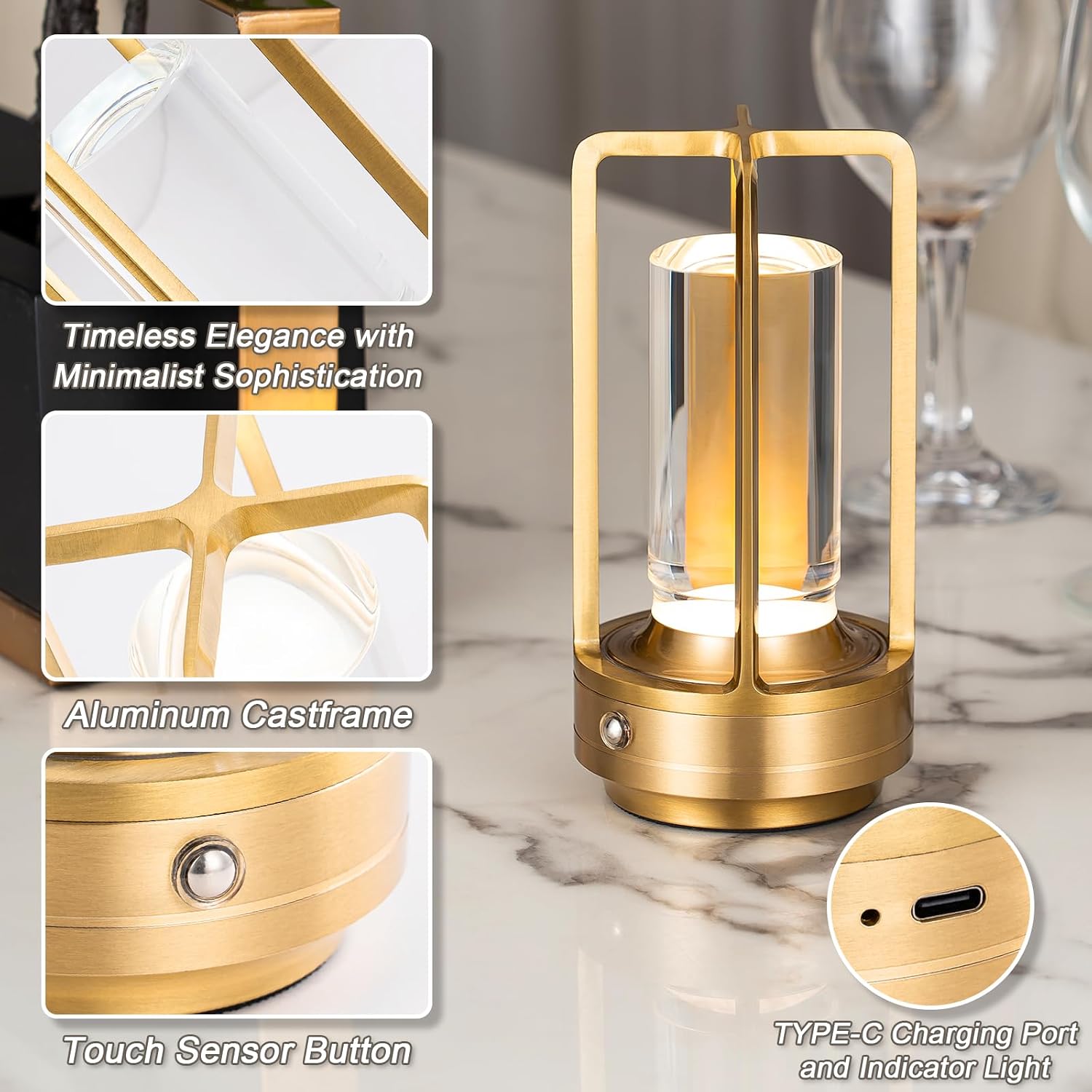 Cordless Table Lamp Rechargeable Small Crystal Lamp, Gold | Stepless Dimming 3 Color Nightstand Bedside Lamp, Metal LED