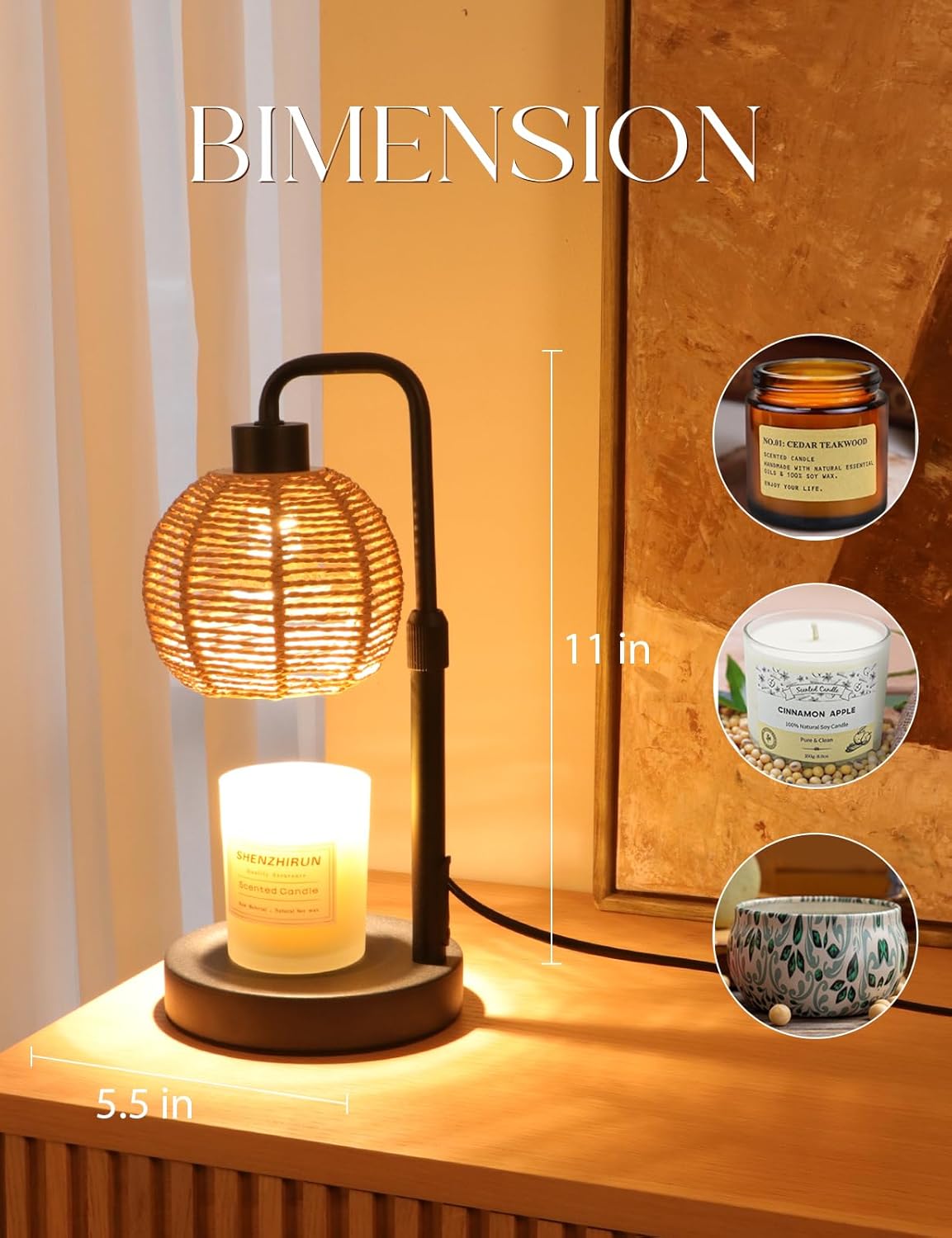 Candle Warmer Lamp with Timer Dimmable, Natural Weaving Boho Electric Candle Lamp, Wax Warmer Lamp for Mothers Day