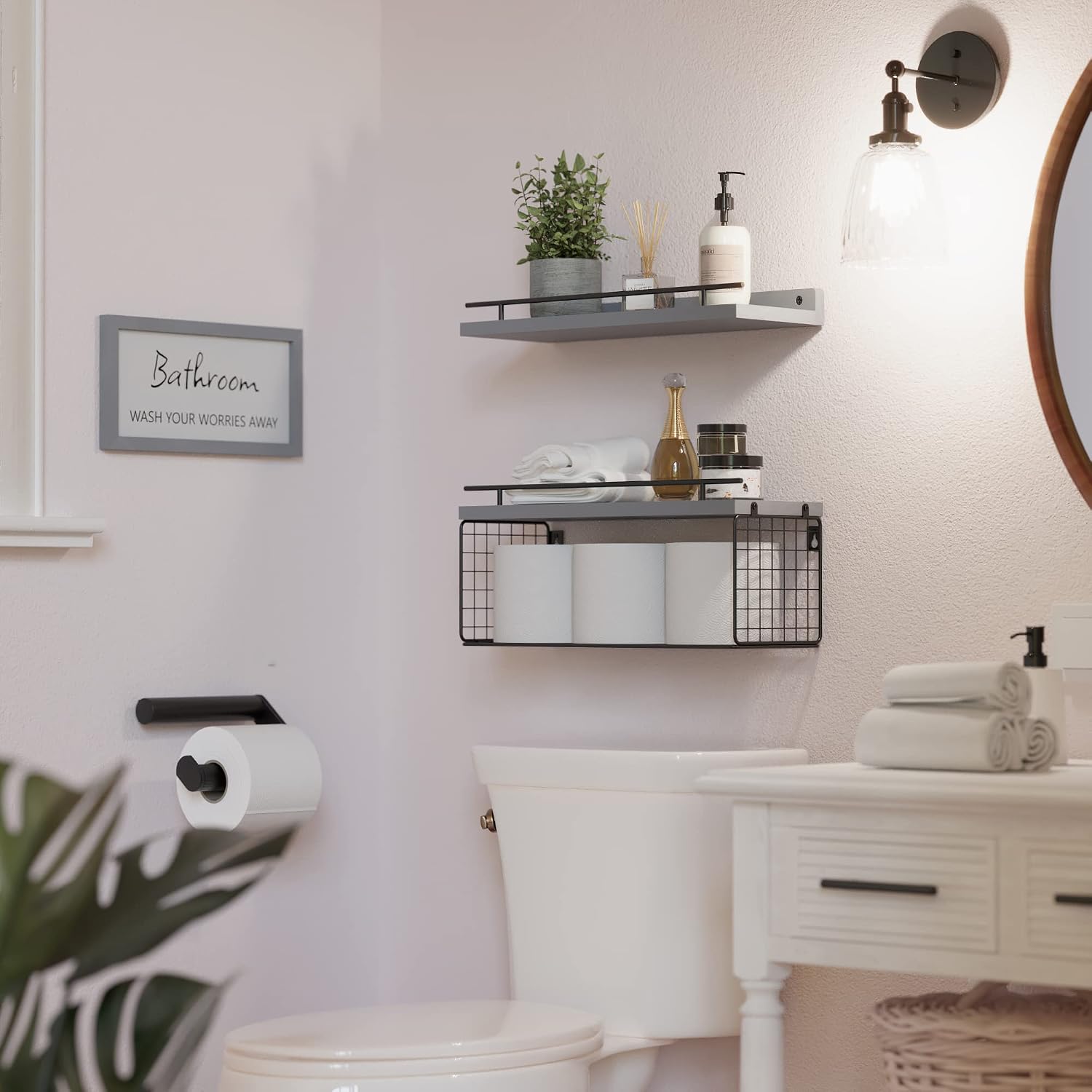 Floating Shelves for Bathroom Decor Art, Modern Grey | Bathroom Organizers and Storage, Wall Shelves Over Toilet with