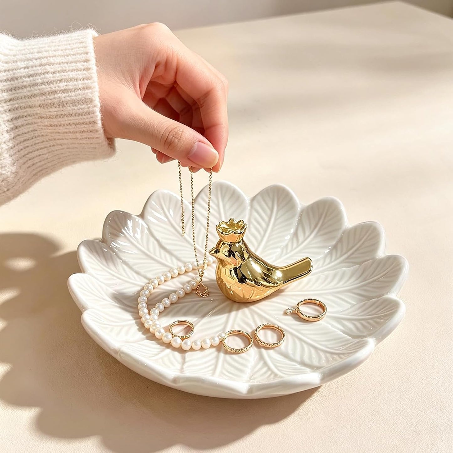 Golden Bird Ceramic Ring Holder Dish for Women / White