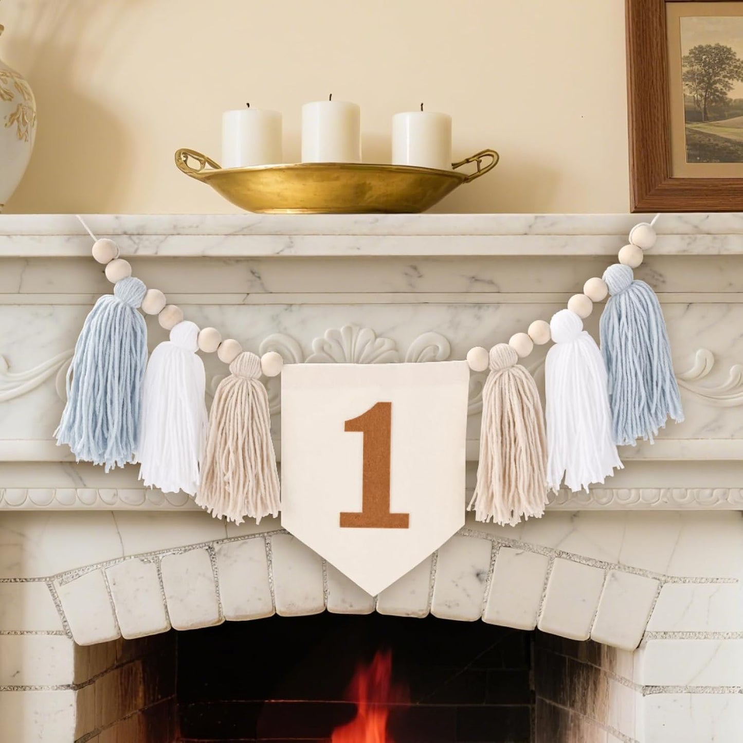 One Blue Boho Wood Bead Tassel Garland Highchair Decor Wall Hanging / Brown and Blue