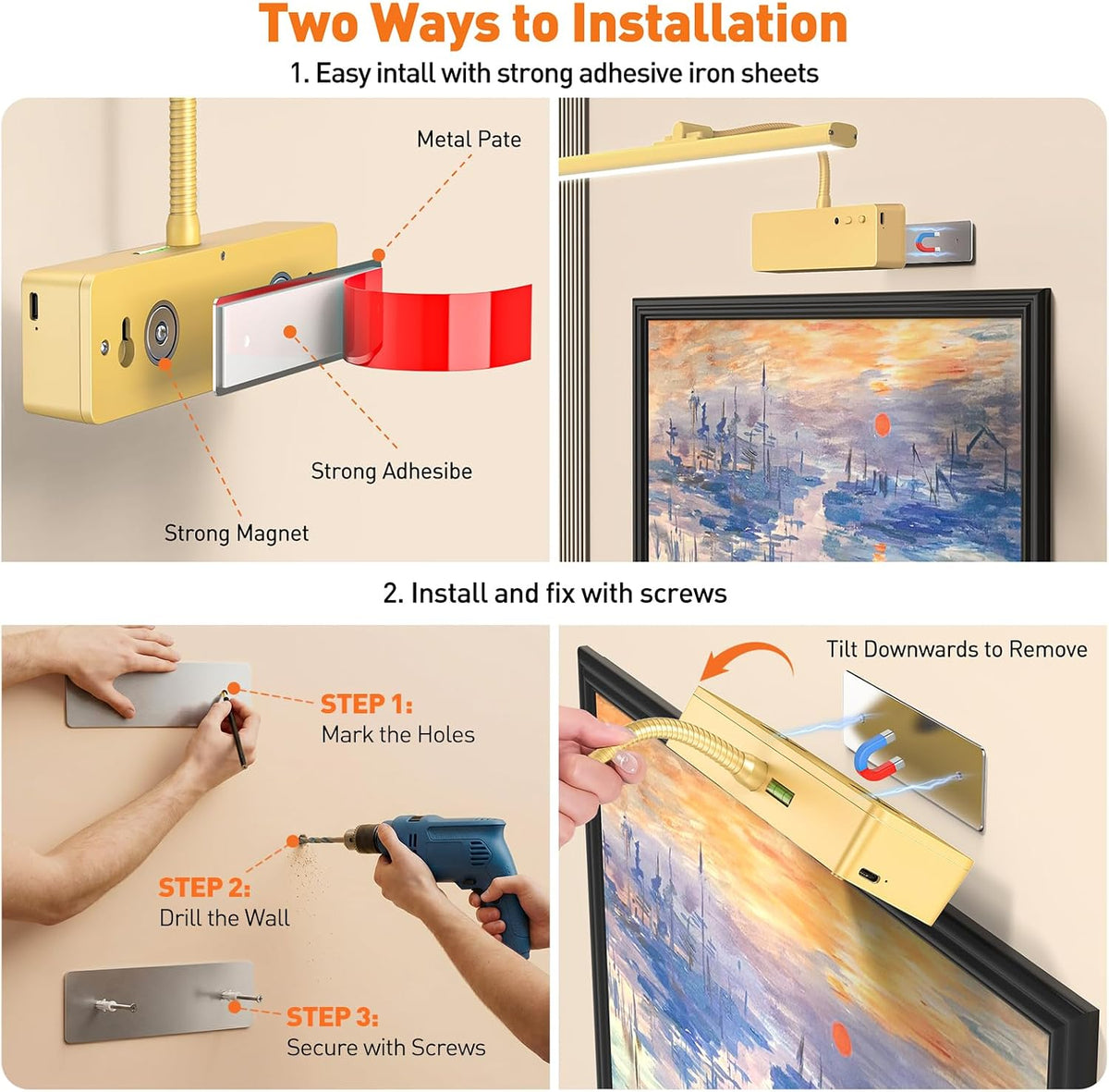 Racokky Picture Light, 15.35inch Picture Lights for Wall Rechargeable, Battery Wall Light Over Picture Frame, 3 Color