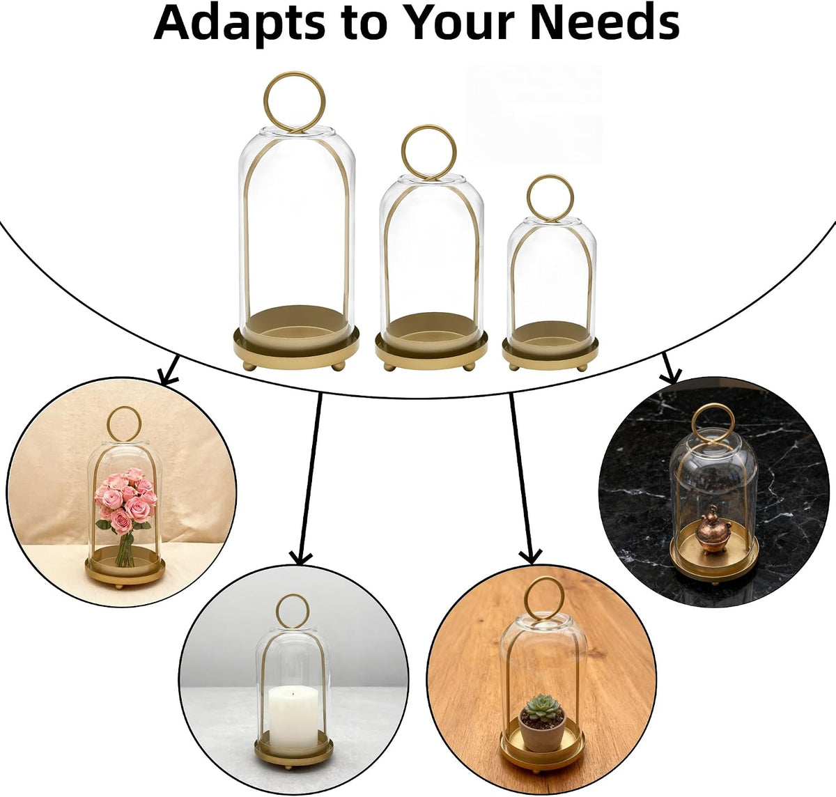 3 Pack Metal Candle Holders with Glass Dome, Gold Candlestick Holders Set | 5.5" & 4.7" & 3.9" Wide Versatile Hurricane