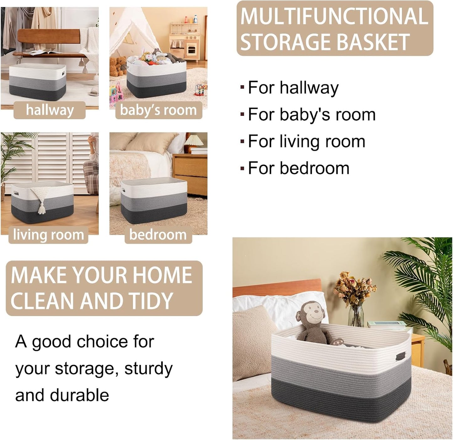 Rectangle Woven Baskets for Storage / Gradient Dark Grey / 22 x 17 x 12