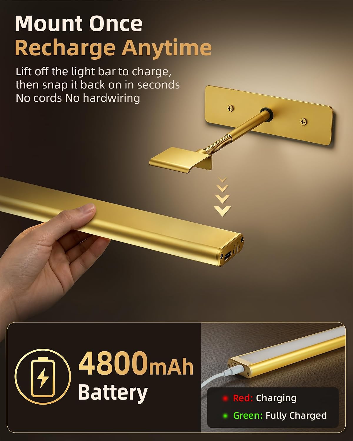 EZVALO Picture Light for Wall, 4800mAh Rechargeable Wireless Gold Light with IR Remote, Dimmable Magnetic LED Art