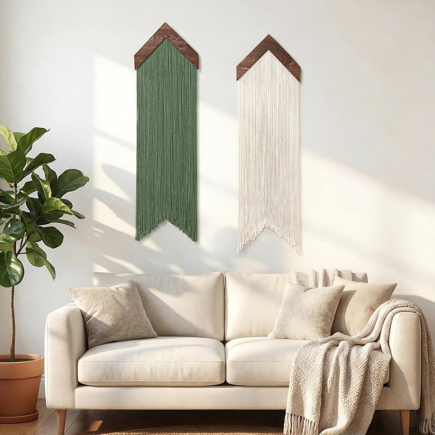 Macrame Wall Hanging Boho Wall Decor / Green Beige / Set of 2