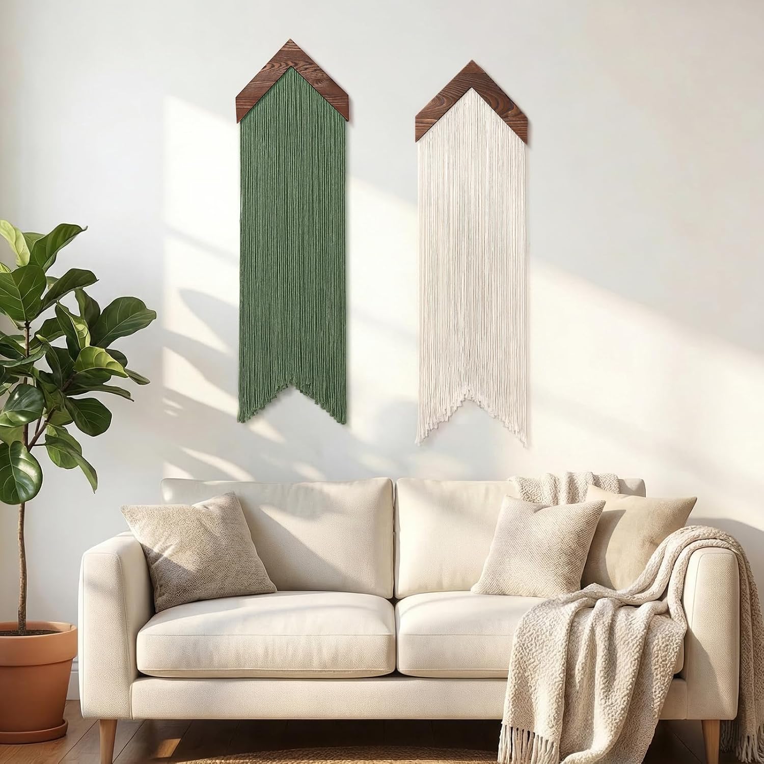 Macrame Wall Hanging Boho Wall Decor / Green Beige / Set of 2