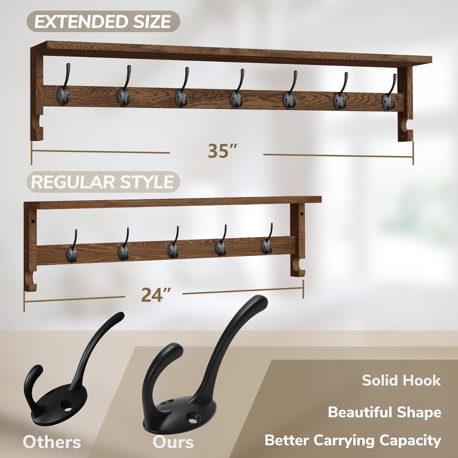 7 Metal Hooks 2 Side Hooks / 7+2 Hooks 35" L / Brown / 35 Inch
