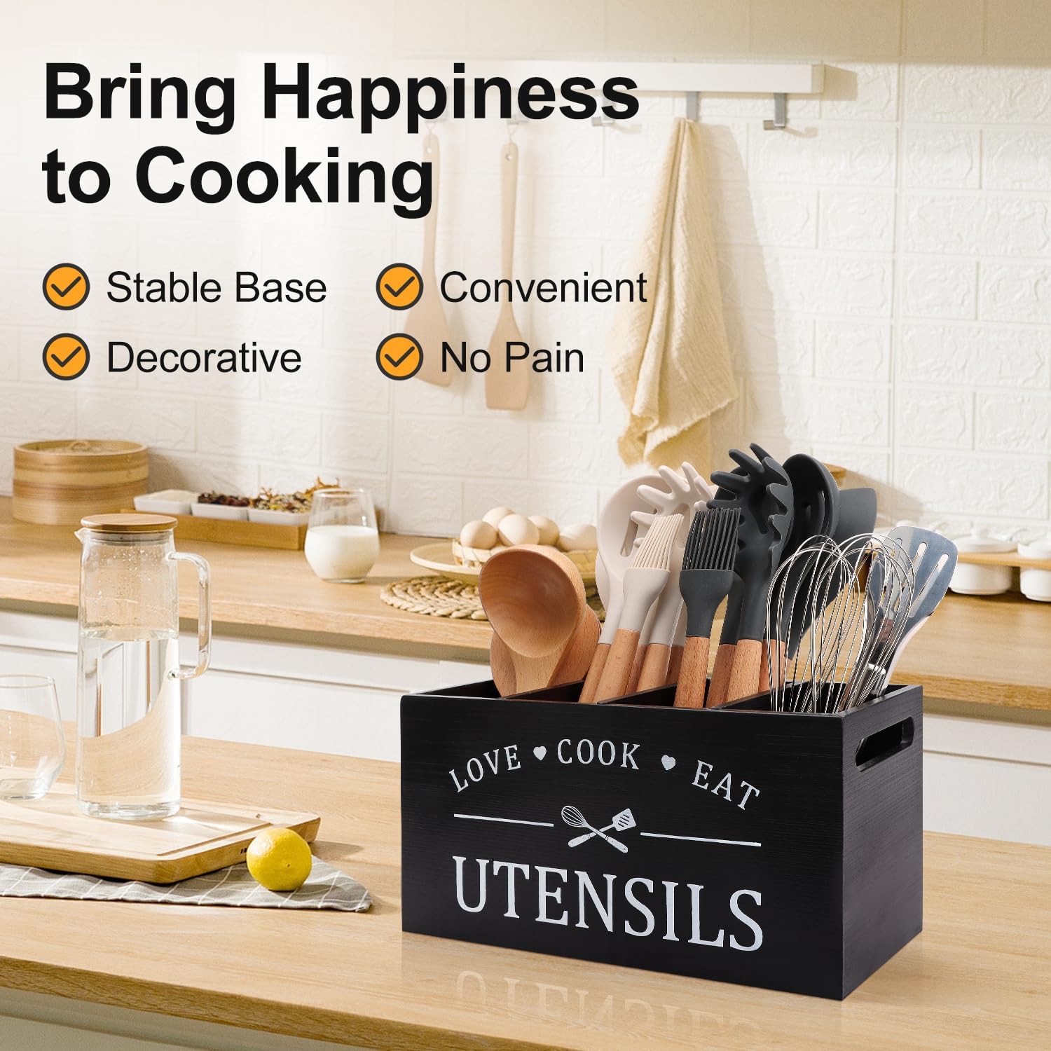 Black Extra Large Wood Cooking Utensil Holder Kitchen Spatula Spoon Holder | Wooden Utensils Caddy for Kitchen