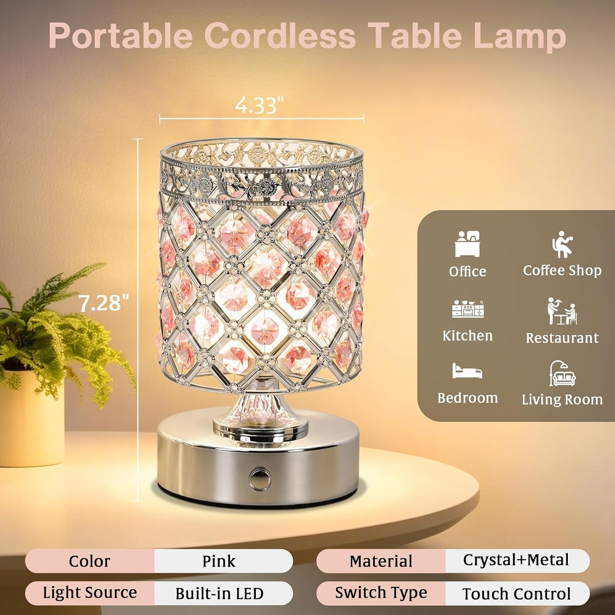Pink Crystal Rechargeable Cordless Table Lamp, Touch Small Desk Lamp | 6000mAh Battery, 3 Color Temps, Stepless