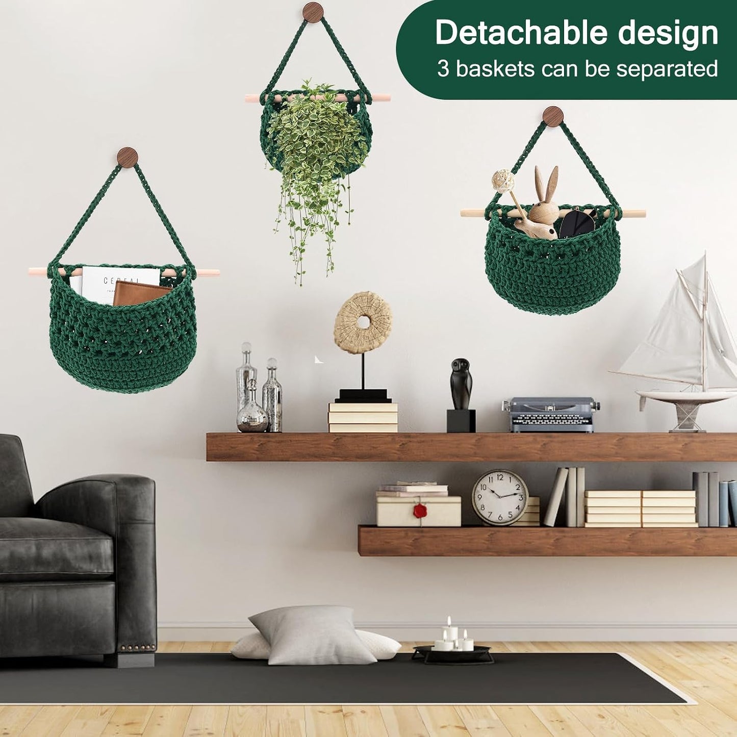 Boho Wall Baskets / Green-cotton