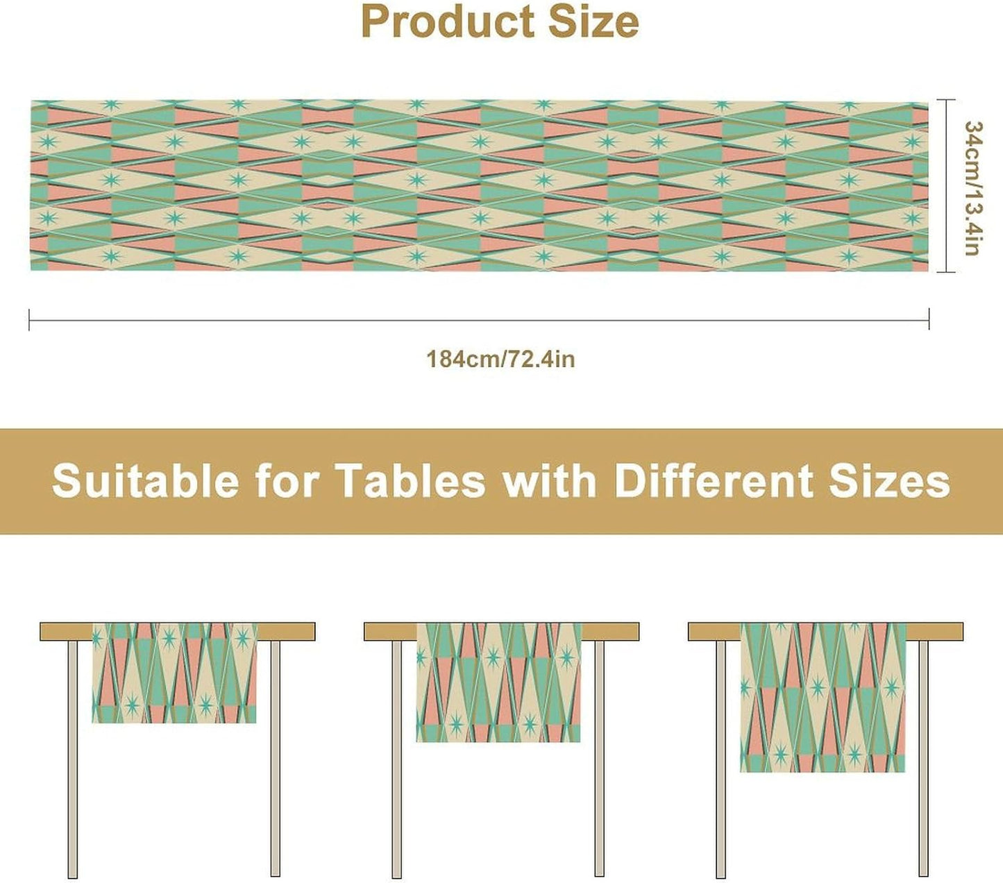 Mid Century Kitchen Table Runner,Abstract Aesthetic Geometric Mid Century Retro Modern Patterns Printed Linen Table
