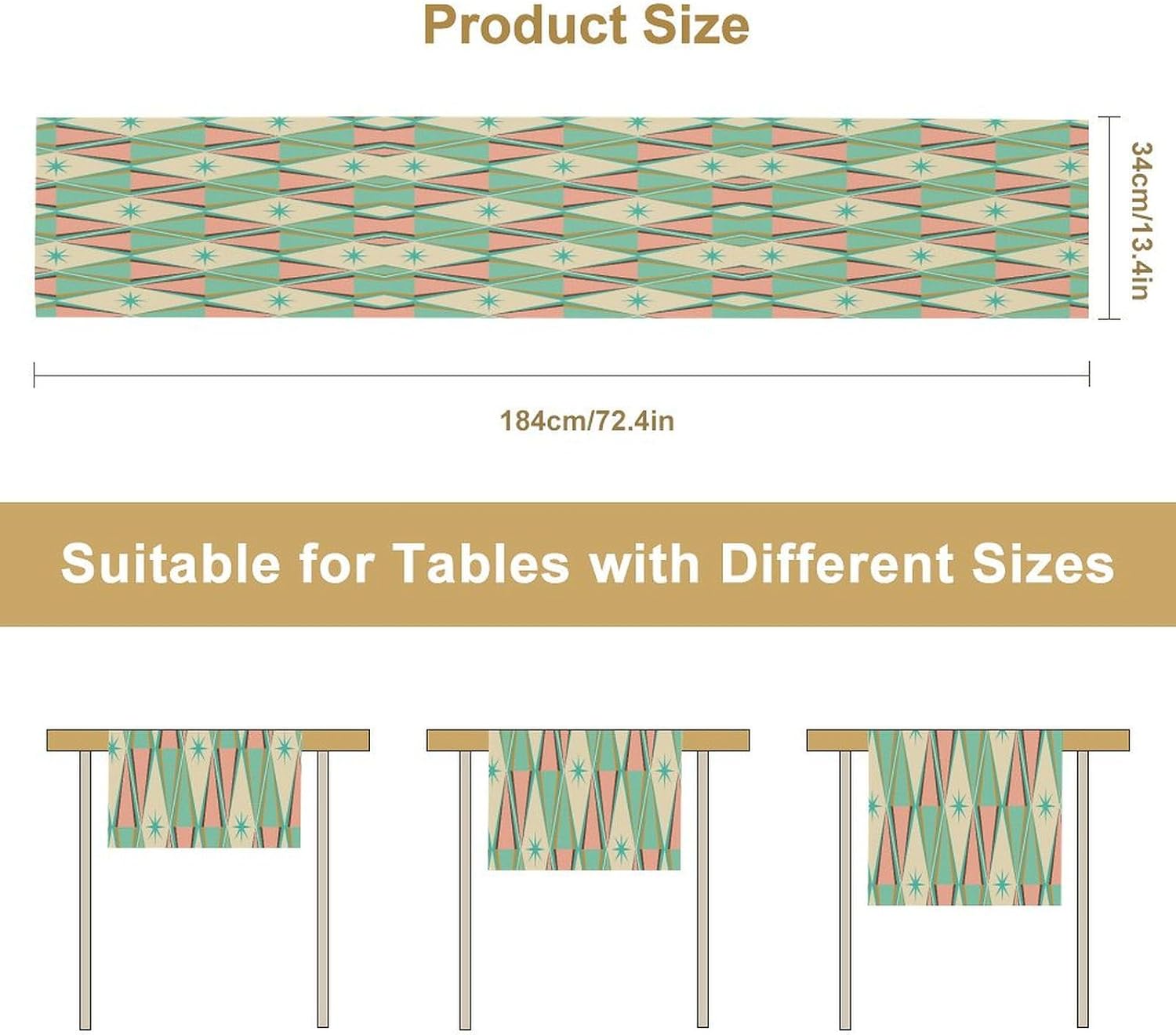 Mid Century Kitchen Table Runner,Abstract Aesthetic Geometric Mid Century Retro Modern Patterns Printed Linen Table