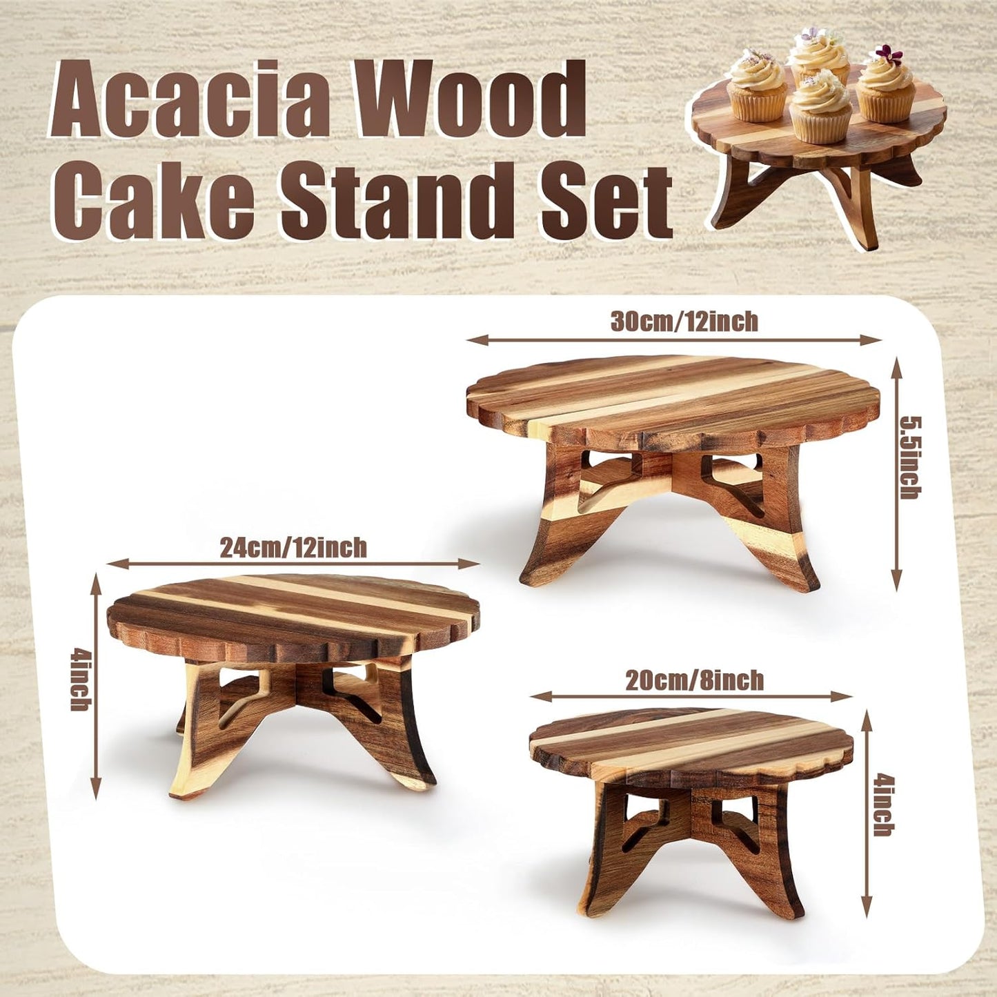 Farmhouse Wood Cake Stand 12'' 10'' 8'' Acacia Wooden Rustic Cupcake Holder / Lace / Set of 3