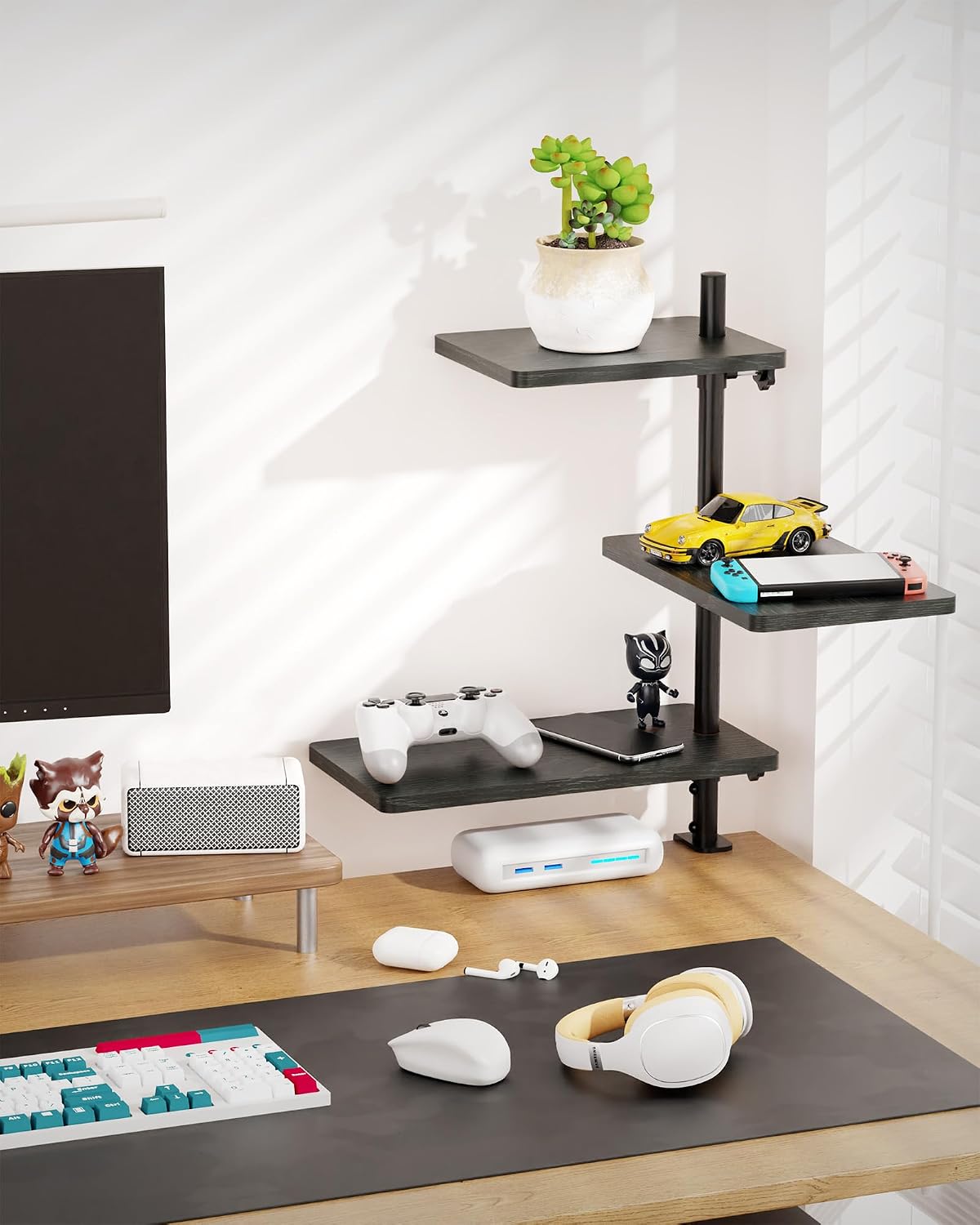 3 Tiers Clamp On Desk Shelf, 360° Angle Adjustable Desktop Shelf Organizer for Home Office Gaming Room, No Drill Desk
