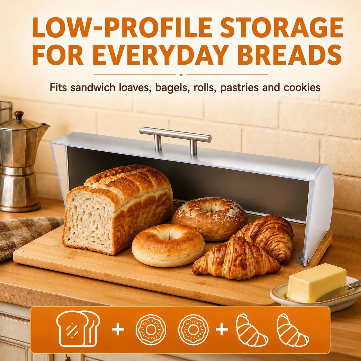 Bread Box for Kitchen Countertop, Modern Stainless Steel Roll-Top L | Clear Acrylic Viewing Door with Frosted Pattern