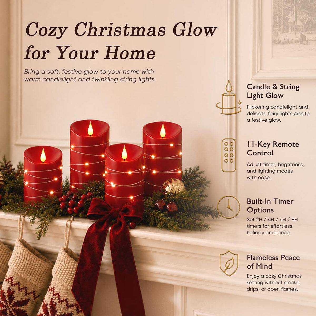 Homemory Red Flameless Candles with String Lights, 3 Pack Real Wax LED Pillar Candles with 3D Wicks, Battery Operated