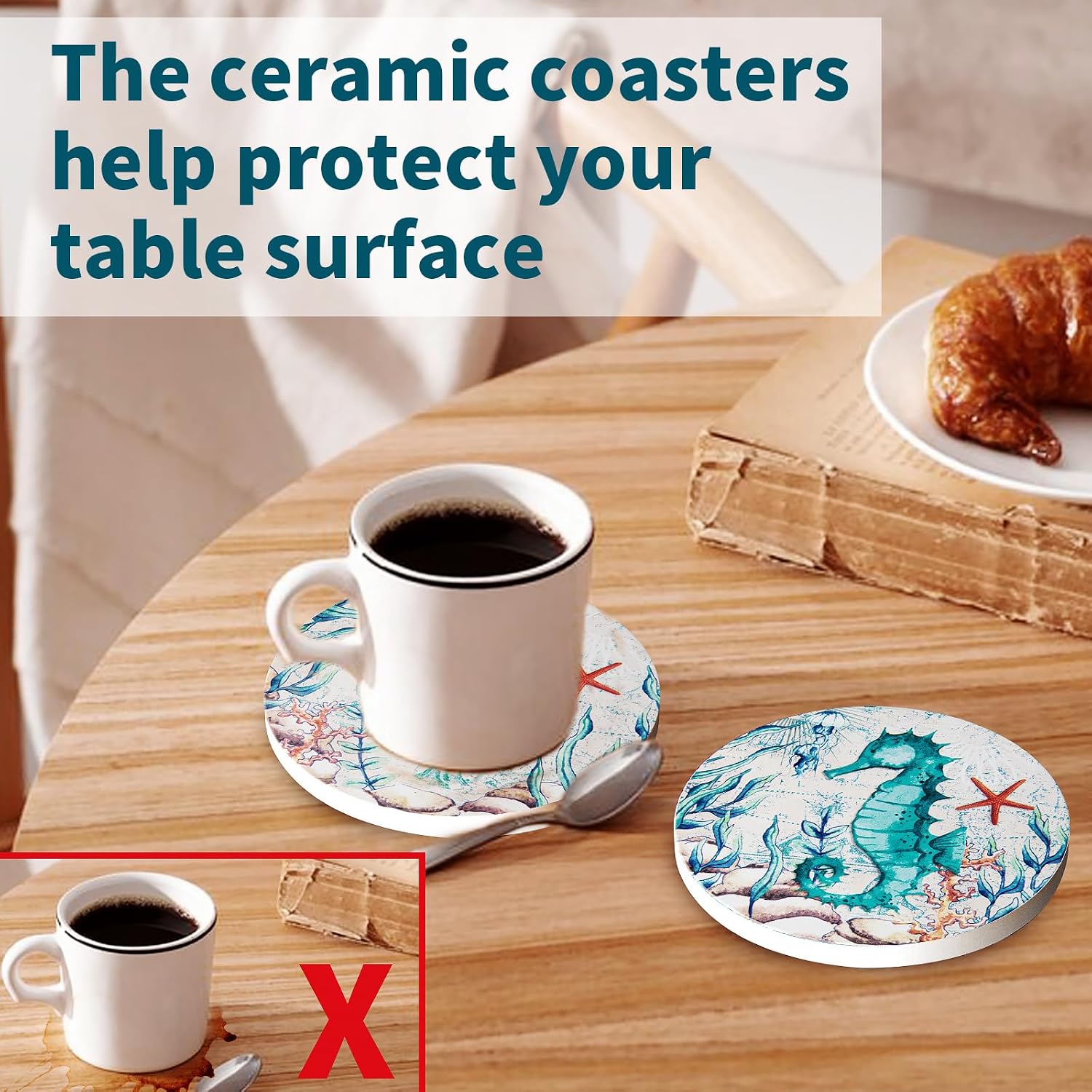 Holder Ceramic Absorbing Stone Sea Ocean Life Cork Base Coastal Decor Theme / Beach / Set of 6