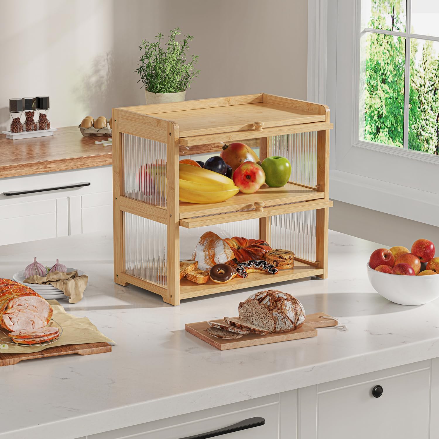 BAMBANG Extra Large Bamboo Bread Box for Kitchen Counter, Double Layer Bread Storage Container Farmhouse Bread Box with