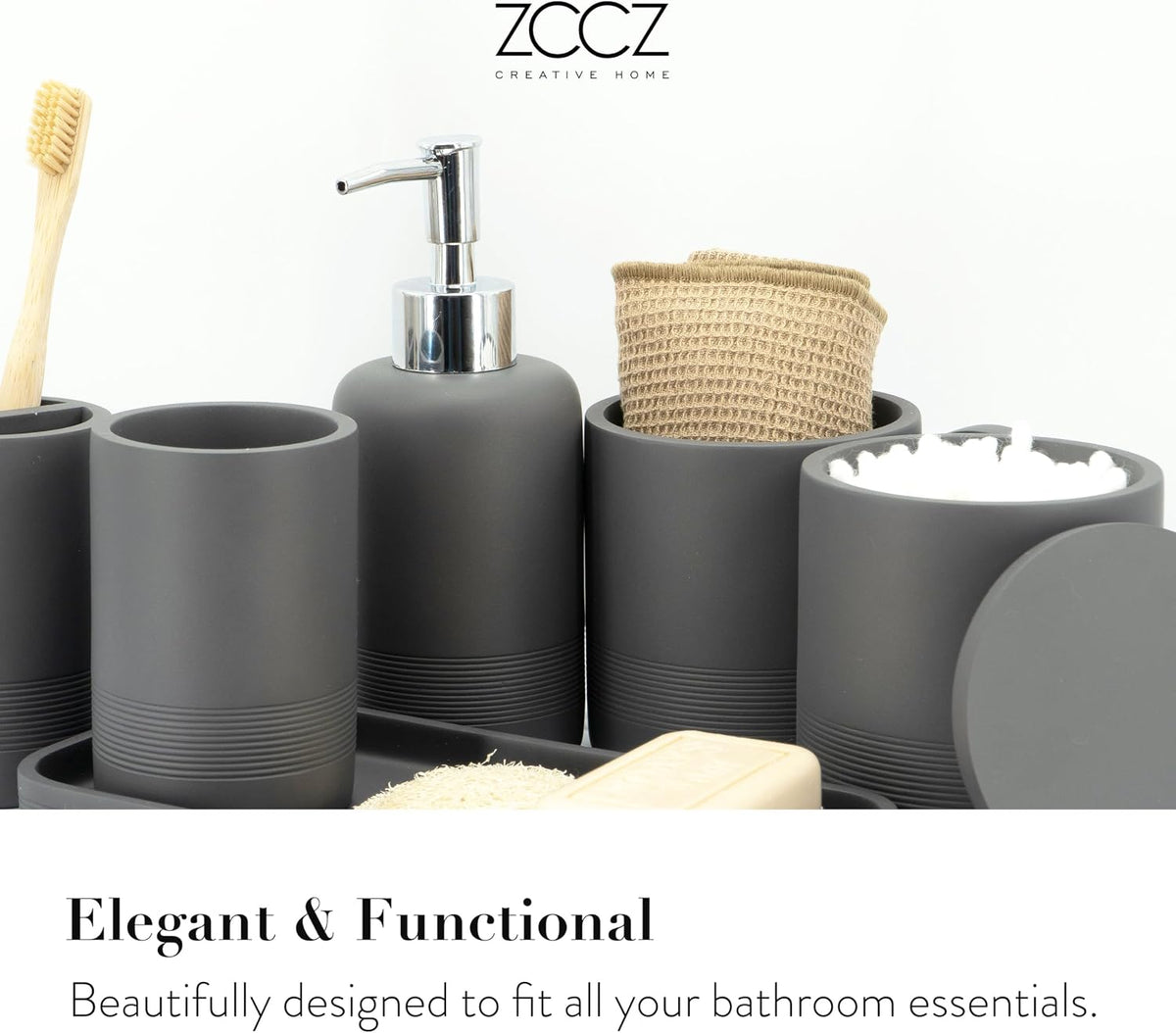 Gray Bathroom Accessories Set 6 Pieces - Toothbrush Holder, Lotion Dispenser, Qtip Container, Vanity Tray, Tumbler