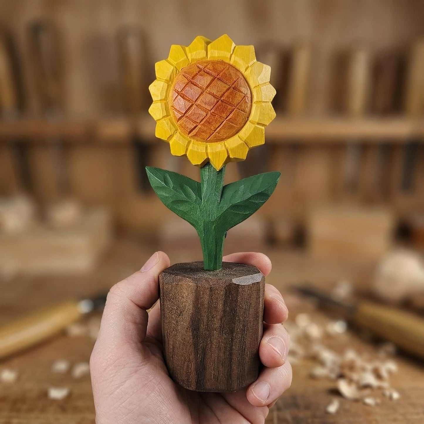 Hand-Carved Wooden Sunflower Figurine / Yellow Sunflower