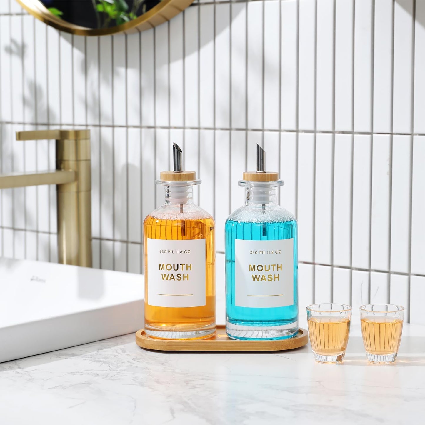 11.8OZ Glass Mouthwash Dispenser, Set of 2, Clear | Stainless Steel & Bamboo Nozzle, Reusable Mouthwash Cup, Bamboo