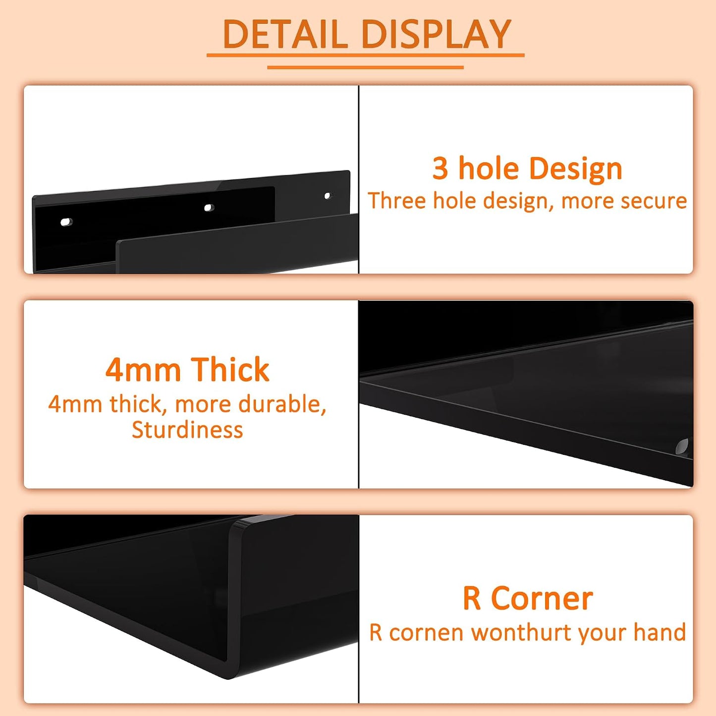 18 Inches Black Acrylic Wall Shelves 2 Pack, Acrylic Home Organizer Shelves for Wall Storage, Space Saver