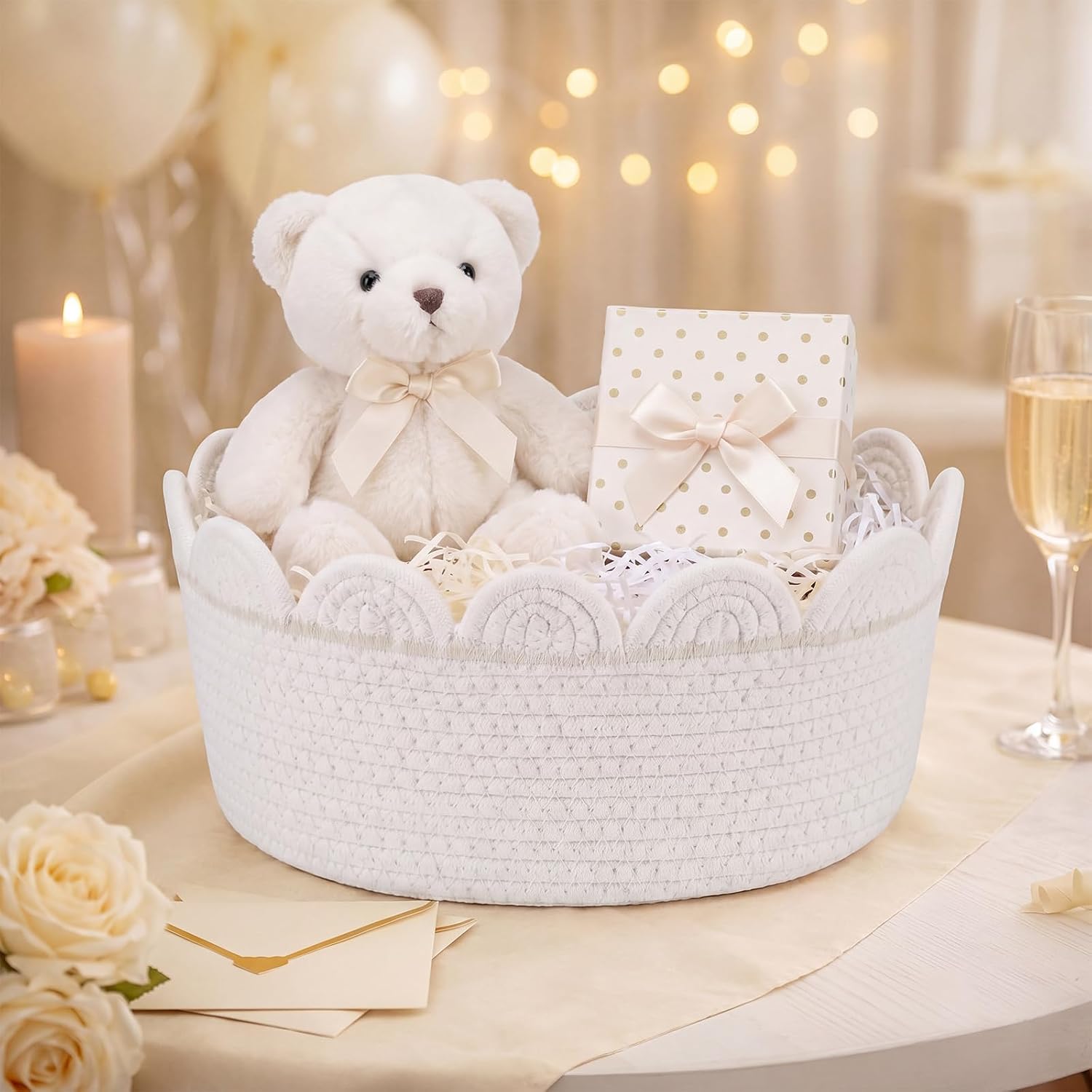 Scalloped Small Storage Basket Round Rope Basket / White / Rectangle Style