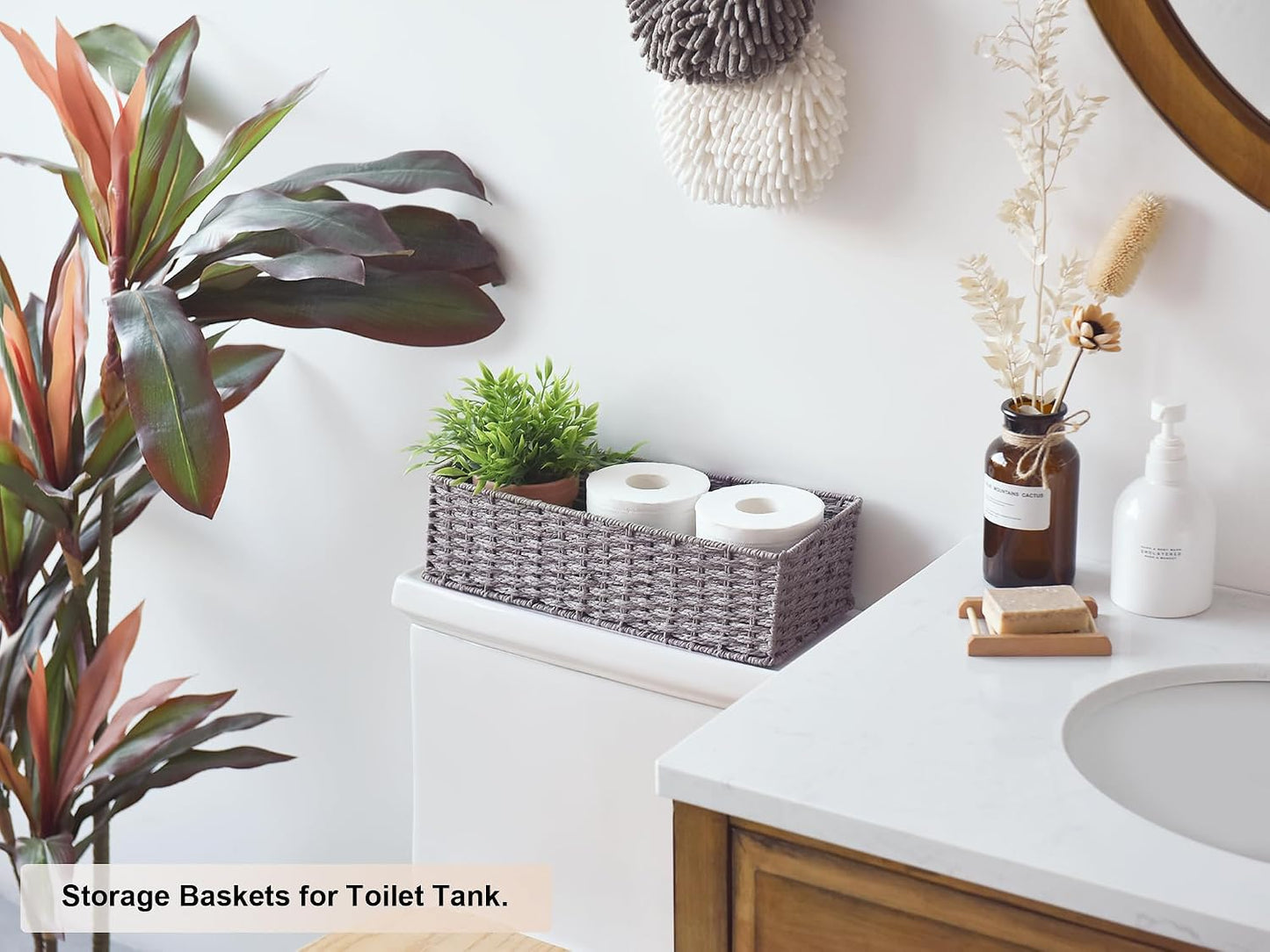 Wicker Basket / Round Paper Rope Toilet Tank Topper Basket / Gray / Set of 2