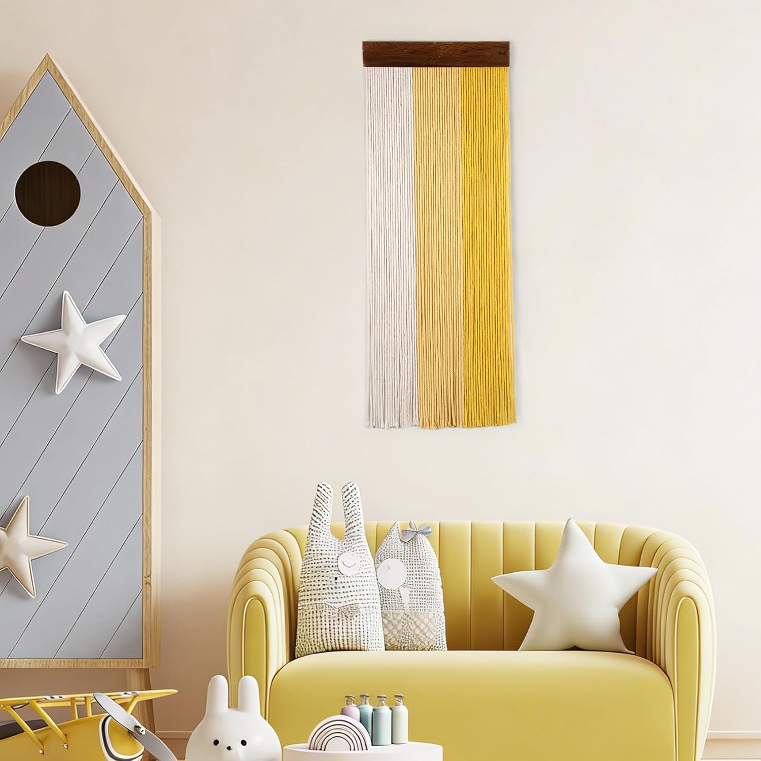 Yellow Large Macrame Wall Hanging Boho Yellow and Beige Wall Decor Handmade Woven / Yellow Beige