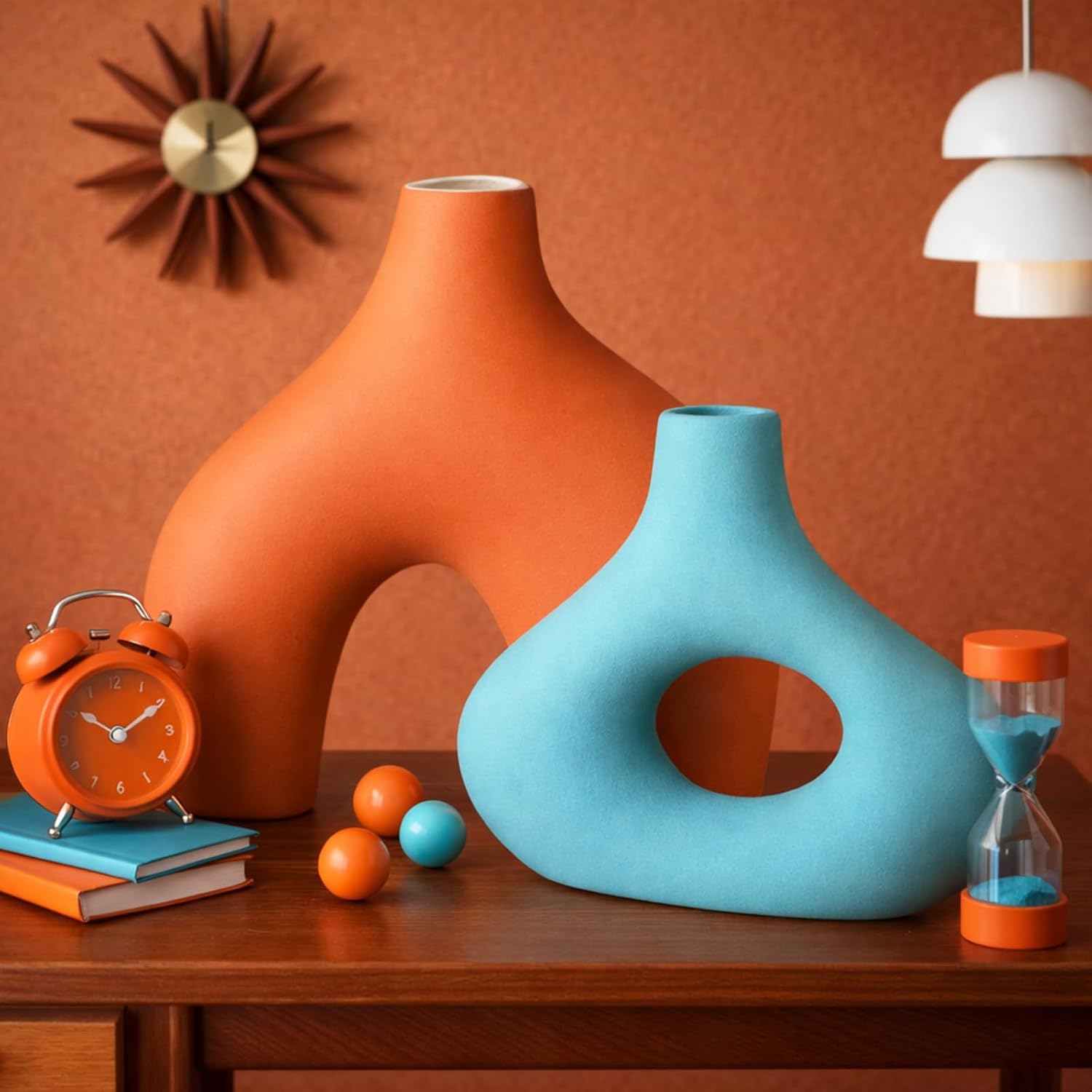 Mid Century Modern Decor Ceramic Donut Vases / Orange Blue / Set of 2