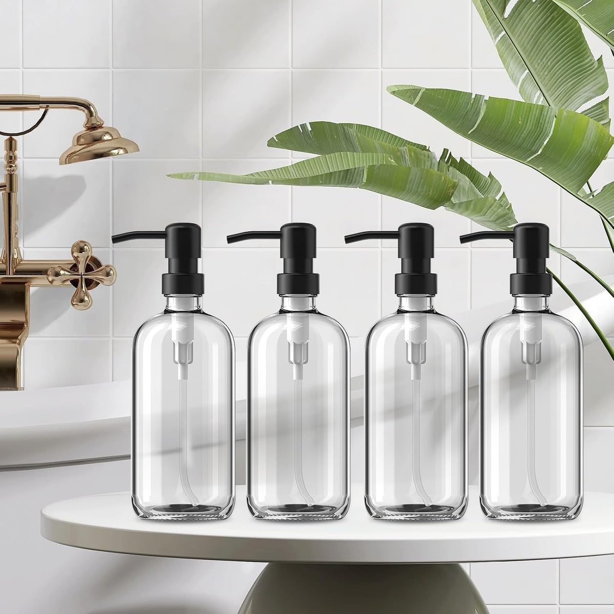 GMISUN Glass Soap Dispenser with Pump, 4 Pack Clear Bathroom Hand Soap Dispenser with Stainless Steel Pump, 17 Fl Oz