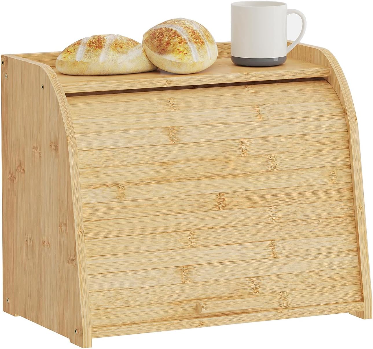 Roll Top Bread Box for Kitchen Countertop, 2-Tier Large Bamboo Wood Bread Box, Wooden Corner Bread Storage Capacity