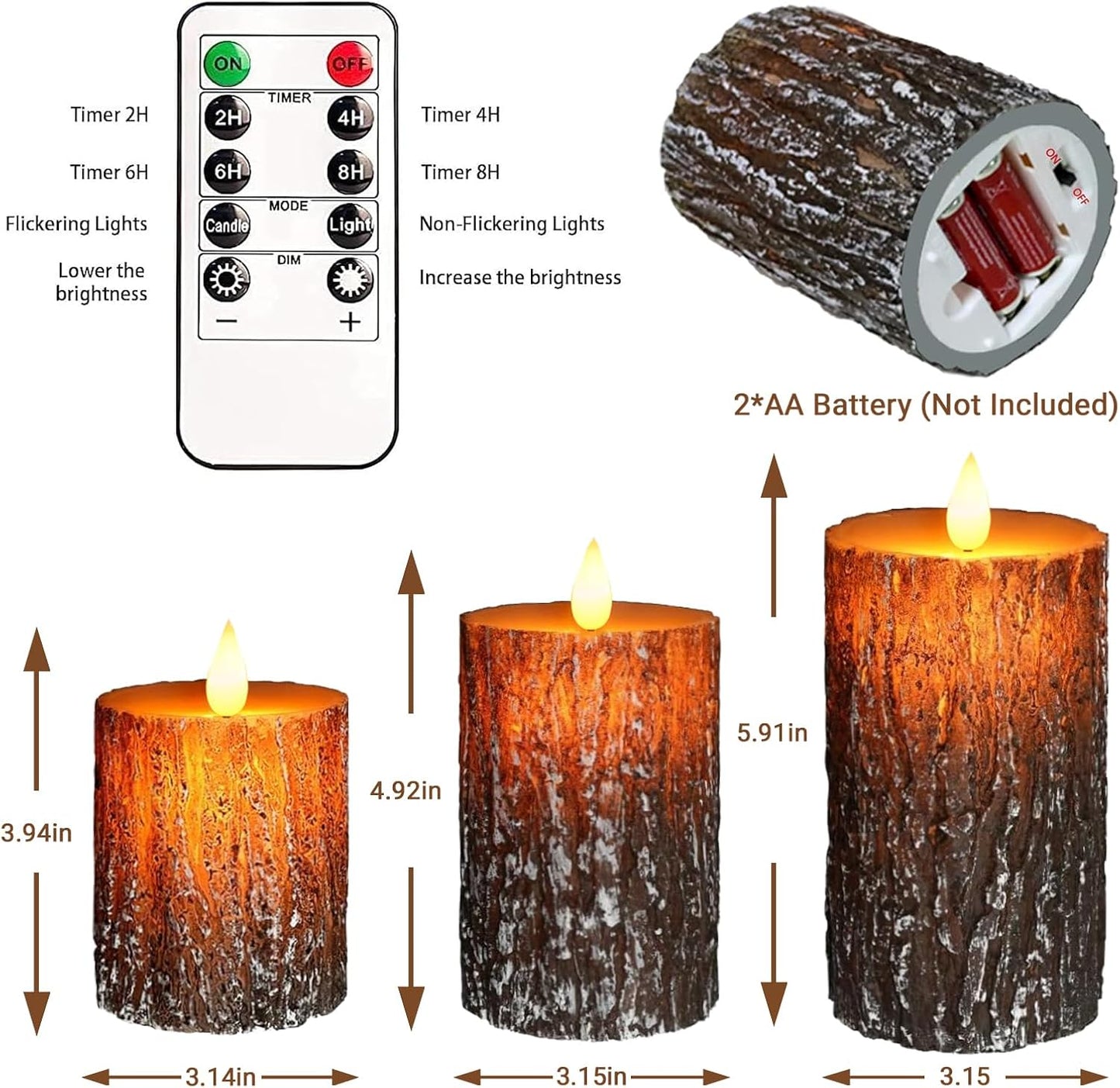 Pine Bark Flameless Candles Set of 3, Christmas Candles with Remote & Timer | Flickering Real Wax Pillar Candles