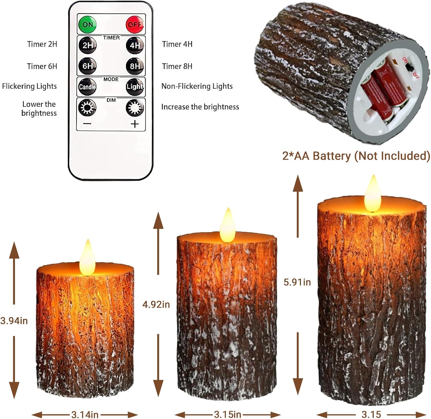 Pine Bark Flameless Candles Set of 3, Christmas Candles with Remote & Timer | Flickering Real Wax Pillar Candles