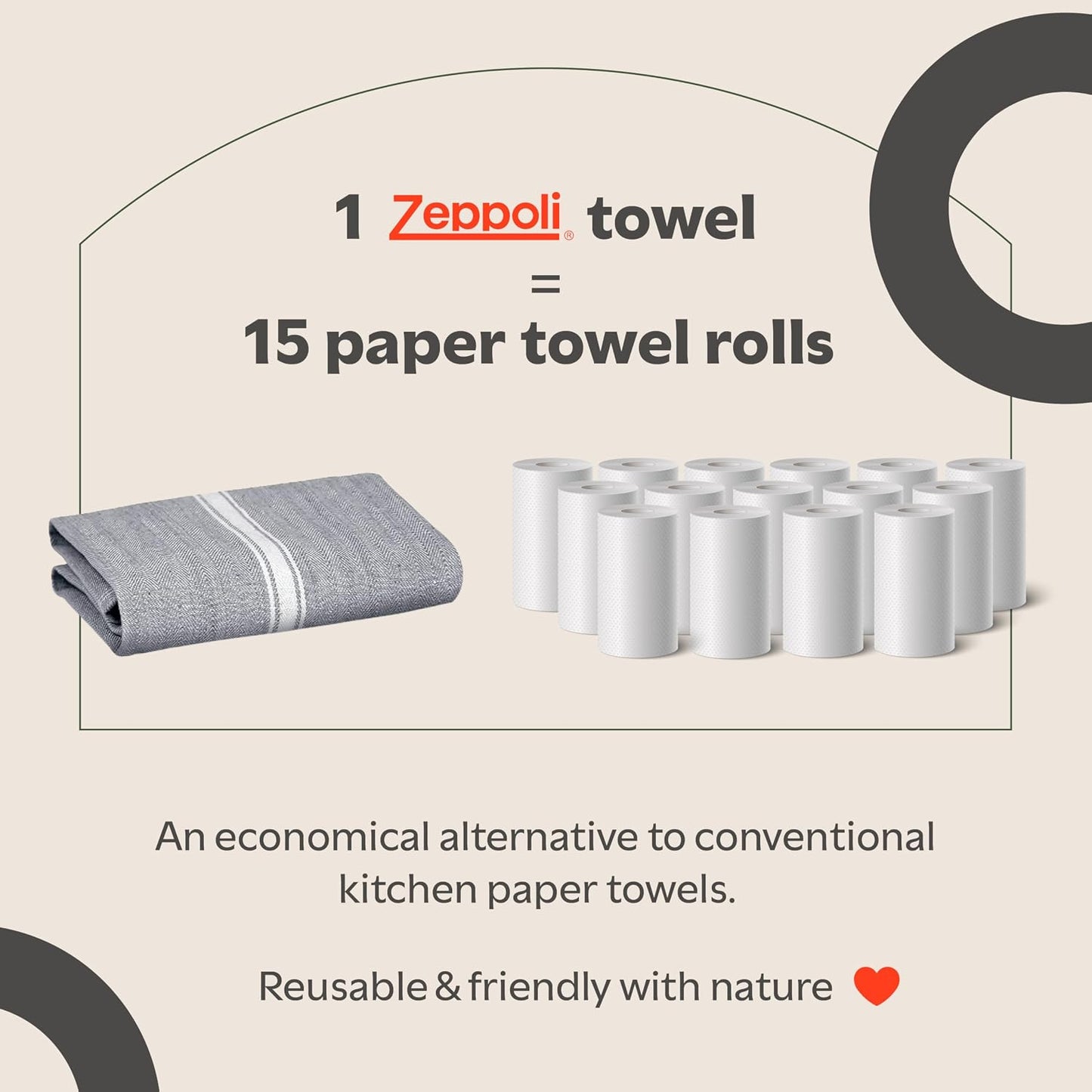 Zeppoli Classic Kitchen Towels - 15 Pack 100% Natural Cotton Towel Set, Reusable Wash Cloths, Absorbent Dish Towels