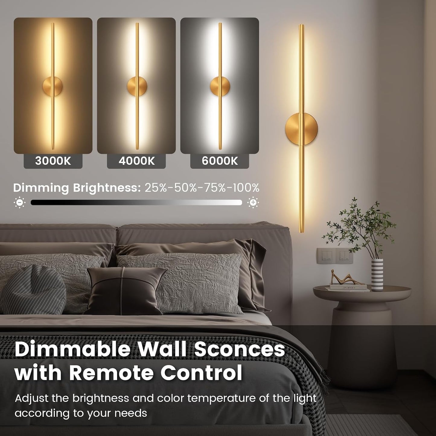 JOFIOS Battery Operated Wall Sconces Set of 2, 34.7In Gold Remote Control | 360°Rotation Wireless Rechargeable Wall
