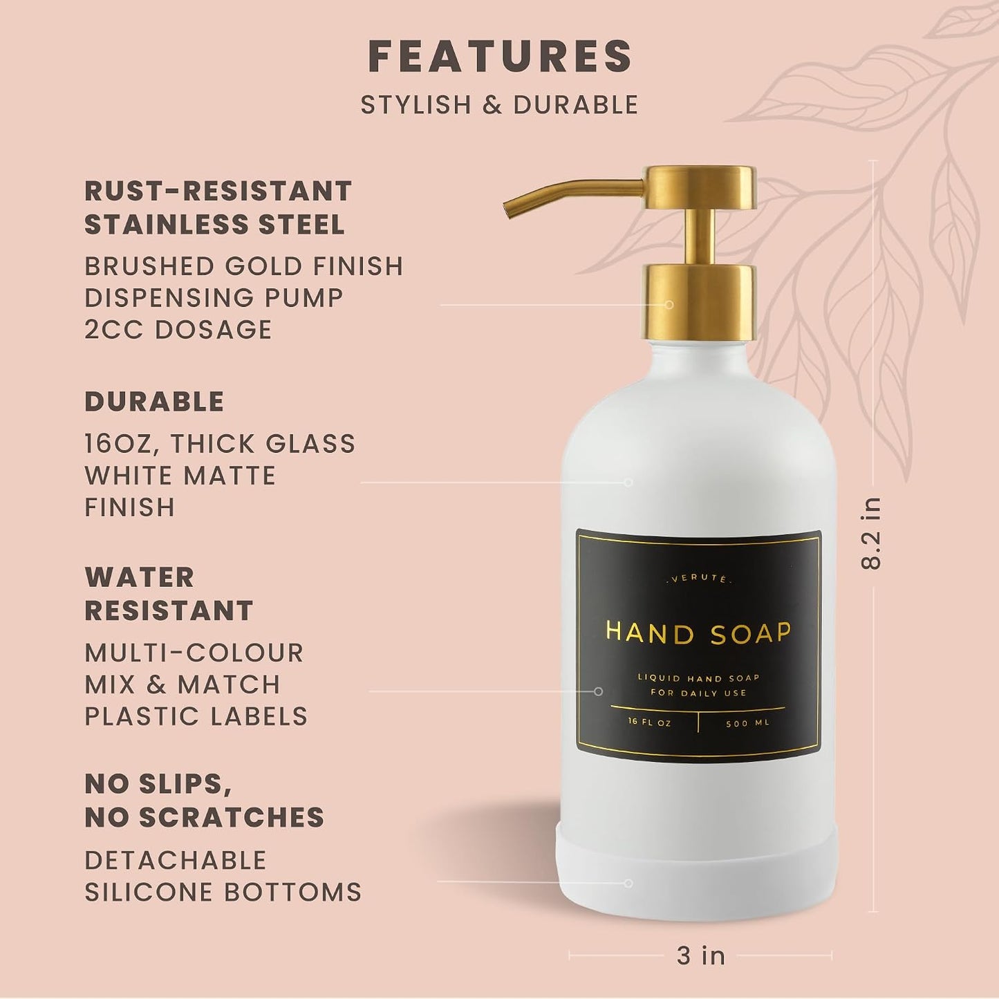 Hand and Dish Soap Dispenser for Kitchen and Bathroom, Set of 2 16 Oz Glass Bottles, Stainless Steel Pumps, Non-Slip