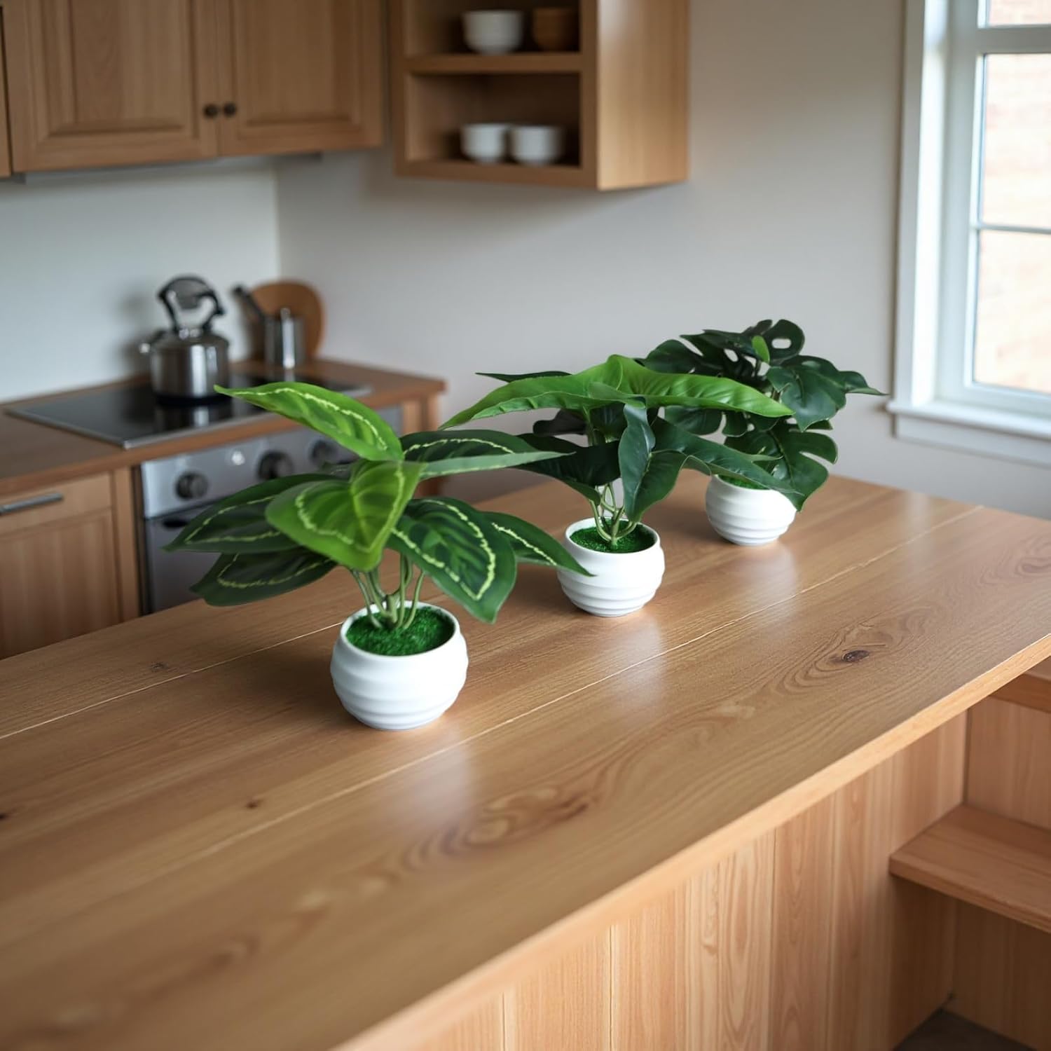 7" Small Artificial Plants in Ceramic Pots / Style 2 / Green / Set of 3