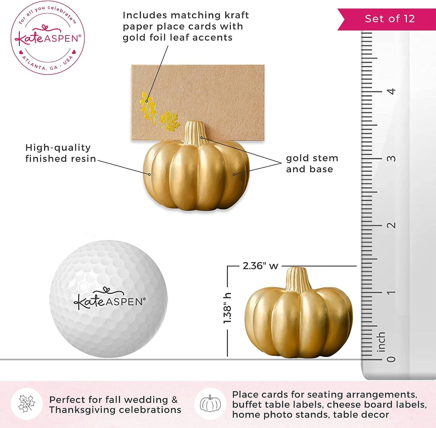 Kate Aspen 12pcs Fall Decor Gold Pumpkin Place Card Holder, Place Settings, Perfect for Thanksgiving Table Decor, Fall