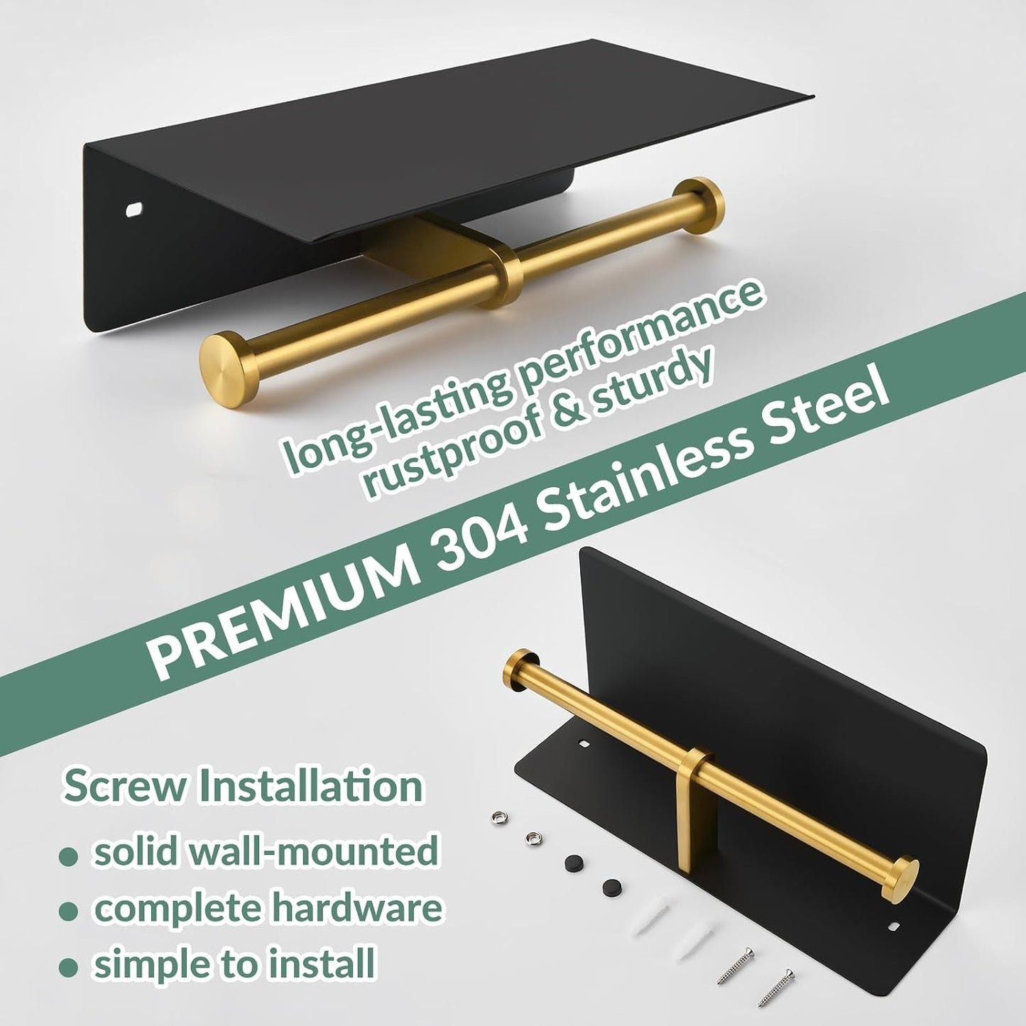 APLusee Double Toilet Paper Holder with Shelf, Black & Gold, Wall Mounted | 304 Stainless Steel, Rustproof for