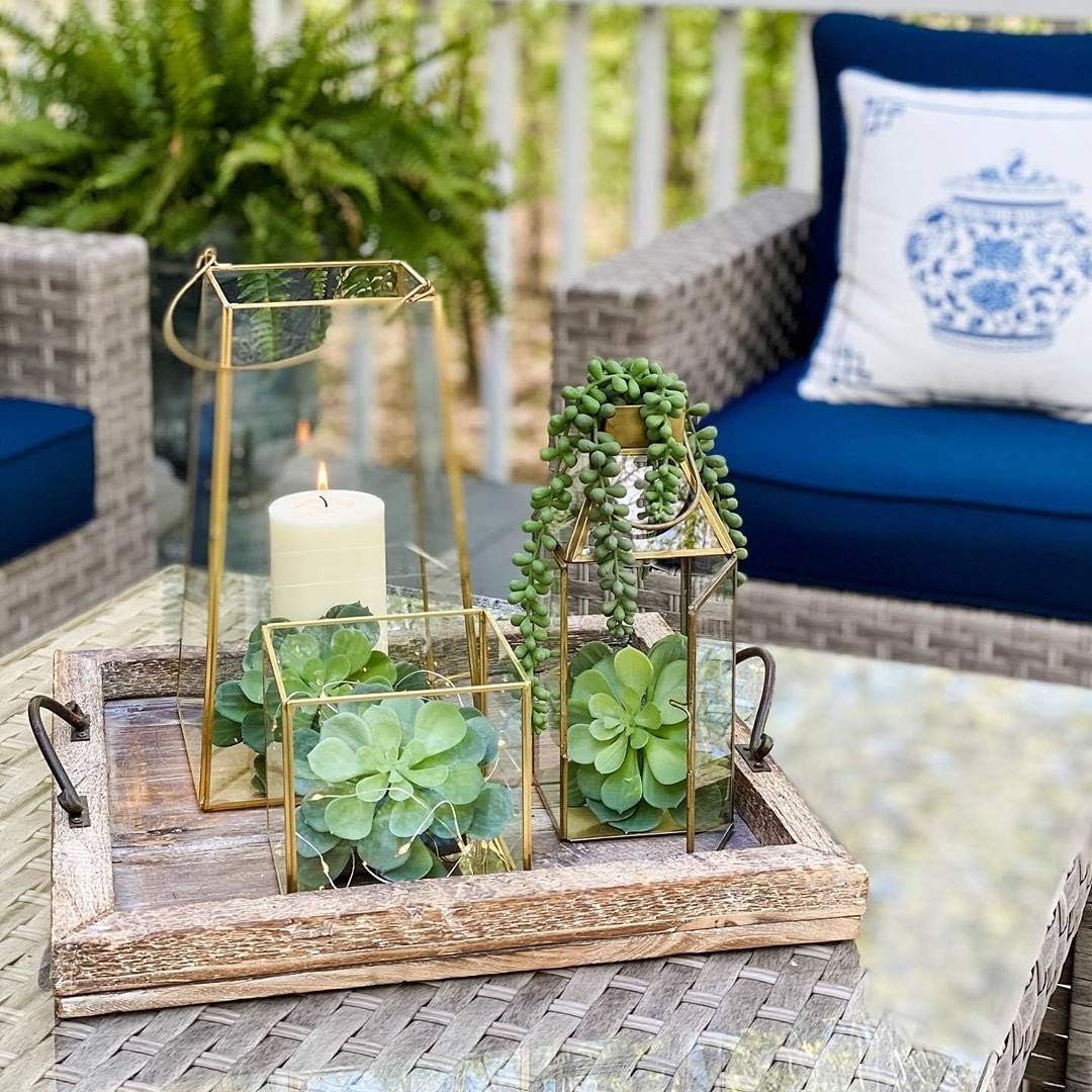 Serene Spaces Living Small Square Gold Lantern – 10" Tall Decorative Gold Lantern for Candles, Ideal for Weddings and