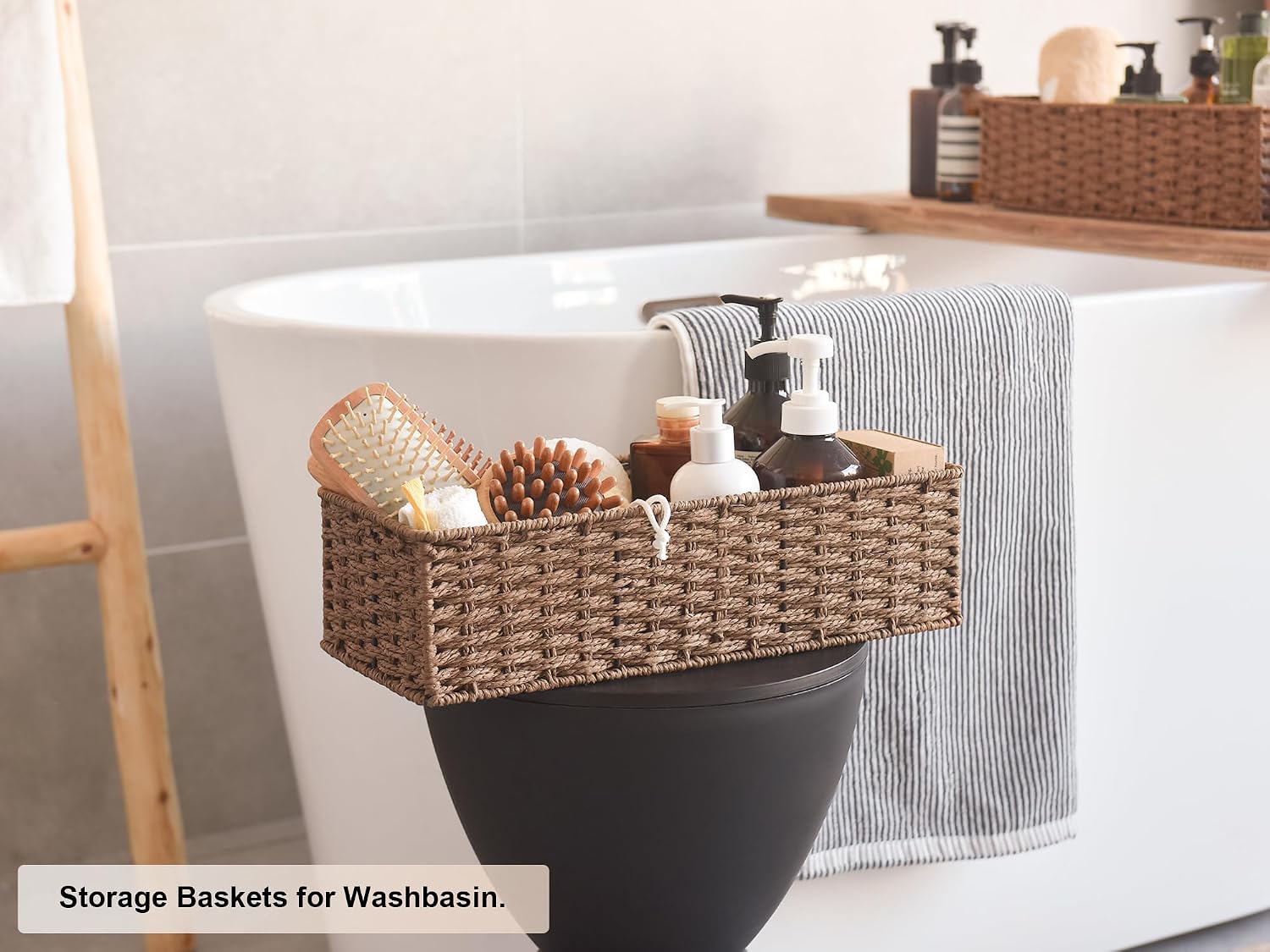 Wicker Basket / Round Paper Rope Toilet Tank Topper Basket / Brown / Set of 2