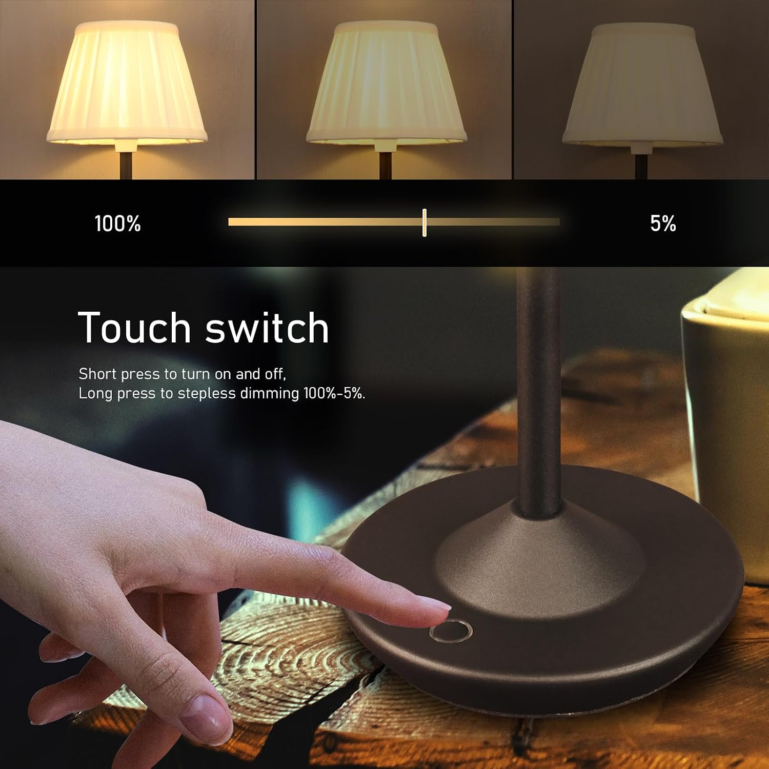 Cordless LED Touch Lamp with Dimmer Portable Small Table Lamp, 18" 2700K Rechargeable Battery Light for Bedside, Dining
