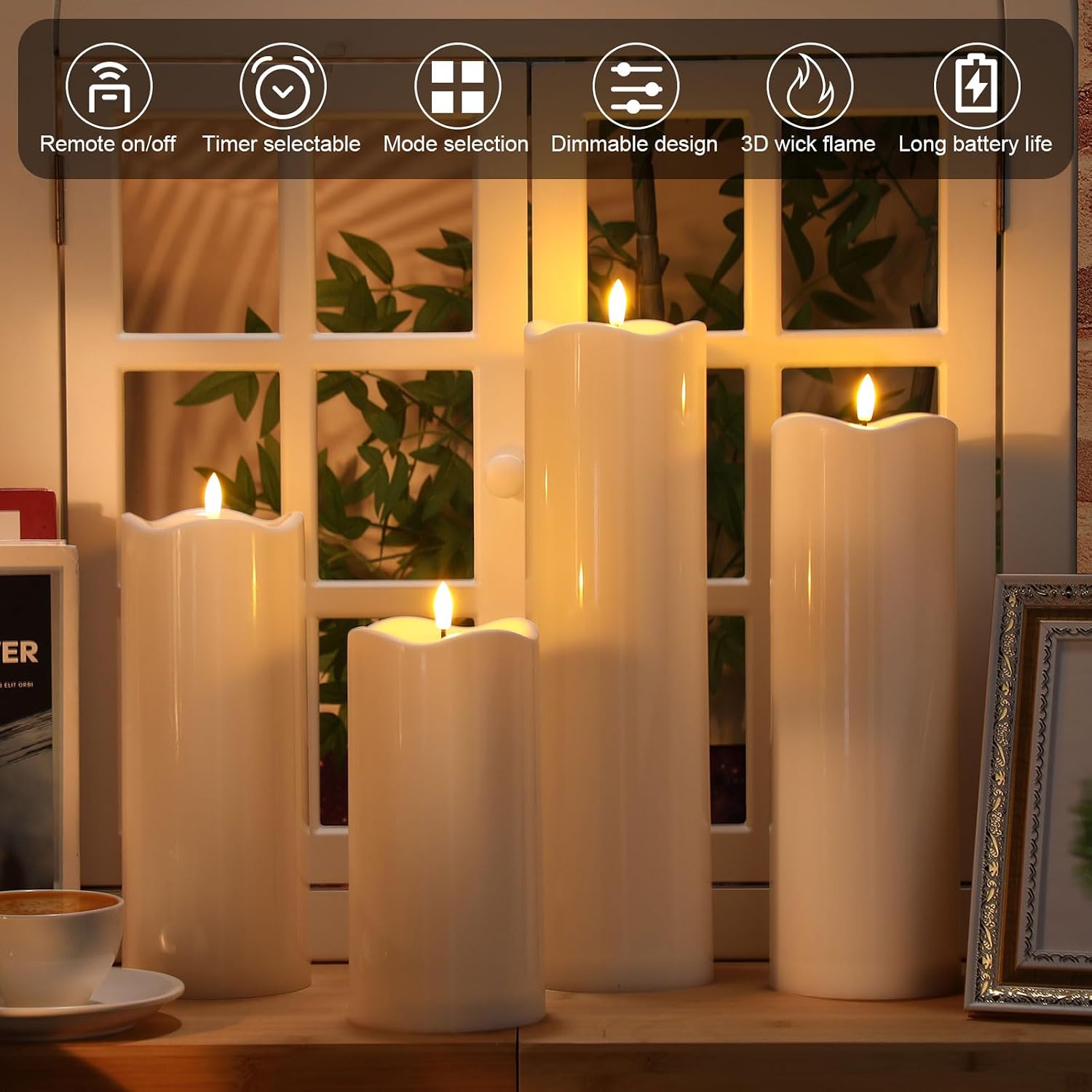 Rossesay 8" 10" 12" 14" x 4" Large Waterproof Outdoor Flameless Candles, 4 Pcs LED Pillar Candles with Remote and