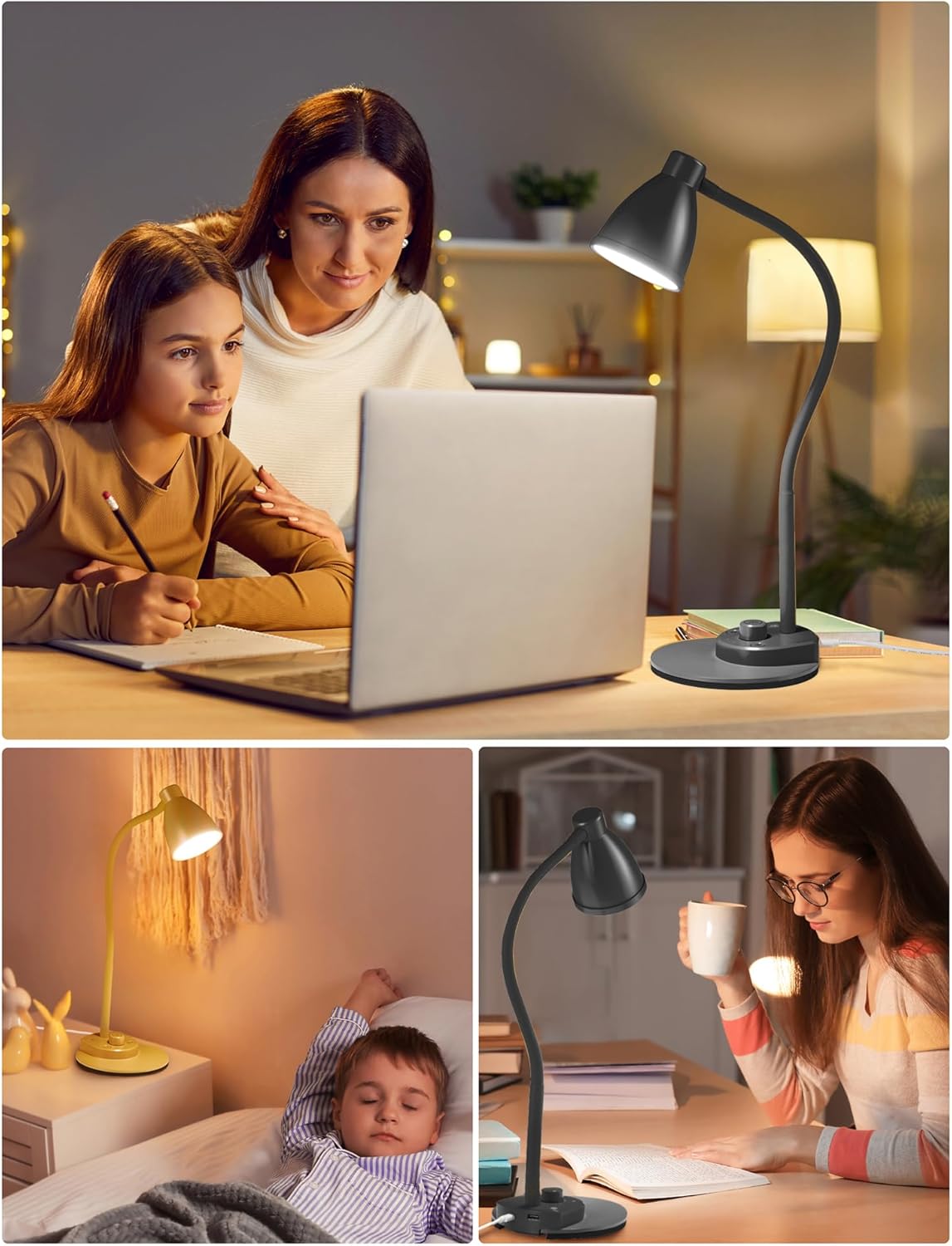 BOHON LED Desk Lamp with USB Charging Port 3 Color Modes Dimmable, Black | Reading Light Intelligent Induction Auto