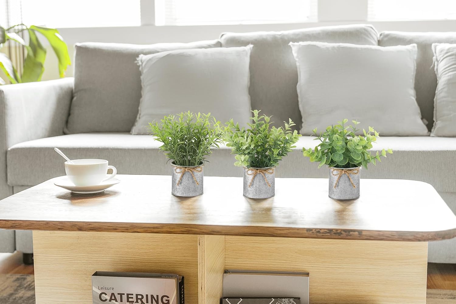 Mini Fake Plants in Farmhouse Galvanized Metal Pots Small Potted / Grey / 2.36 Inch / Set of 3